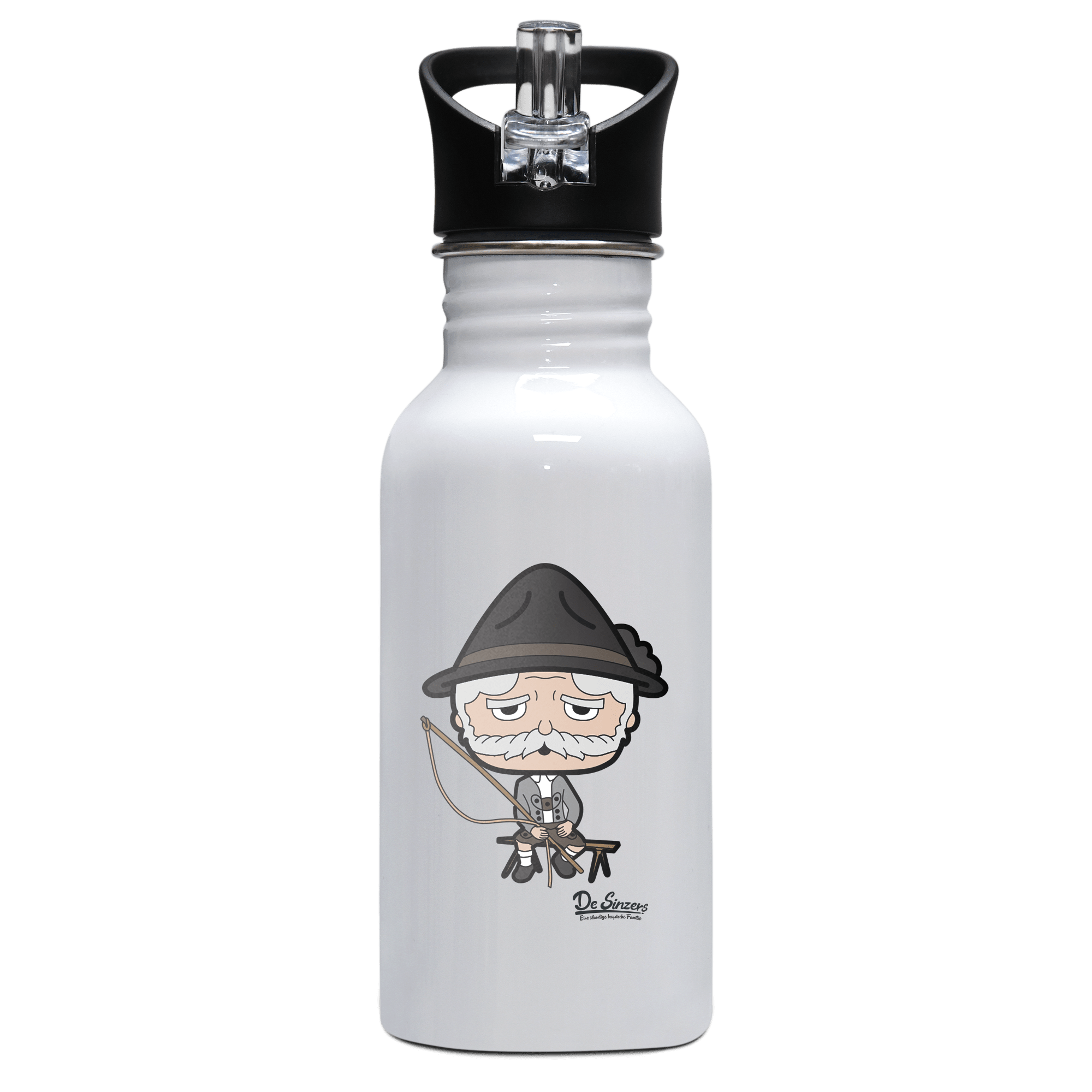 Da Oid Sinzer Goaßlschnoizer Edelstahl Trinkflasche mit klappbarem Mundstueck 500ml Weiss Rotwand Front Da Oid Sinzer Goaßlschnoizer Edelstahl Trinkflasche mit klappbarem Mundstueck 500ml Weiss Rotwand Front