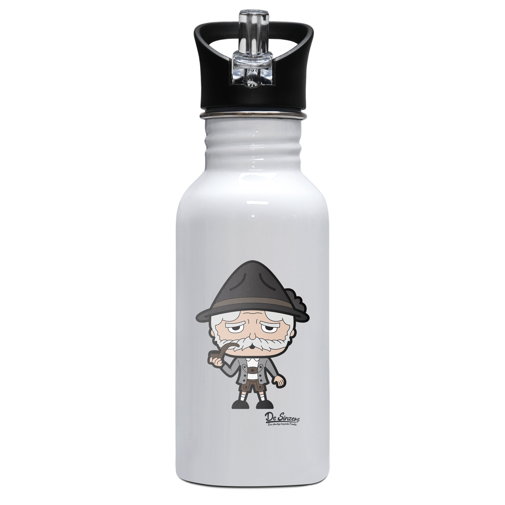 Da Oid Sinzer Grundfiguren Edelstahl Trinkflasche mit klappbarem Mundstueck 500ml Weiss Rotwand Front Da Oid Sinzer Grundfiguren Edelstahl Trinkflasche mit klappbarem Mundstueck 500ml Weiss Rotwand Front
