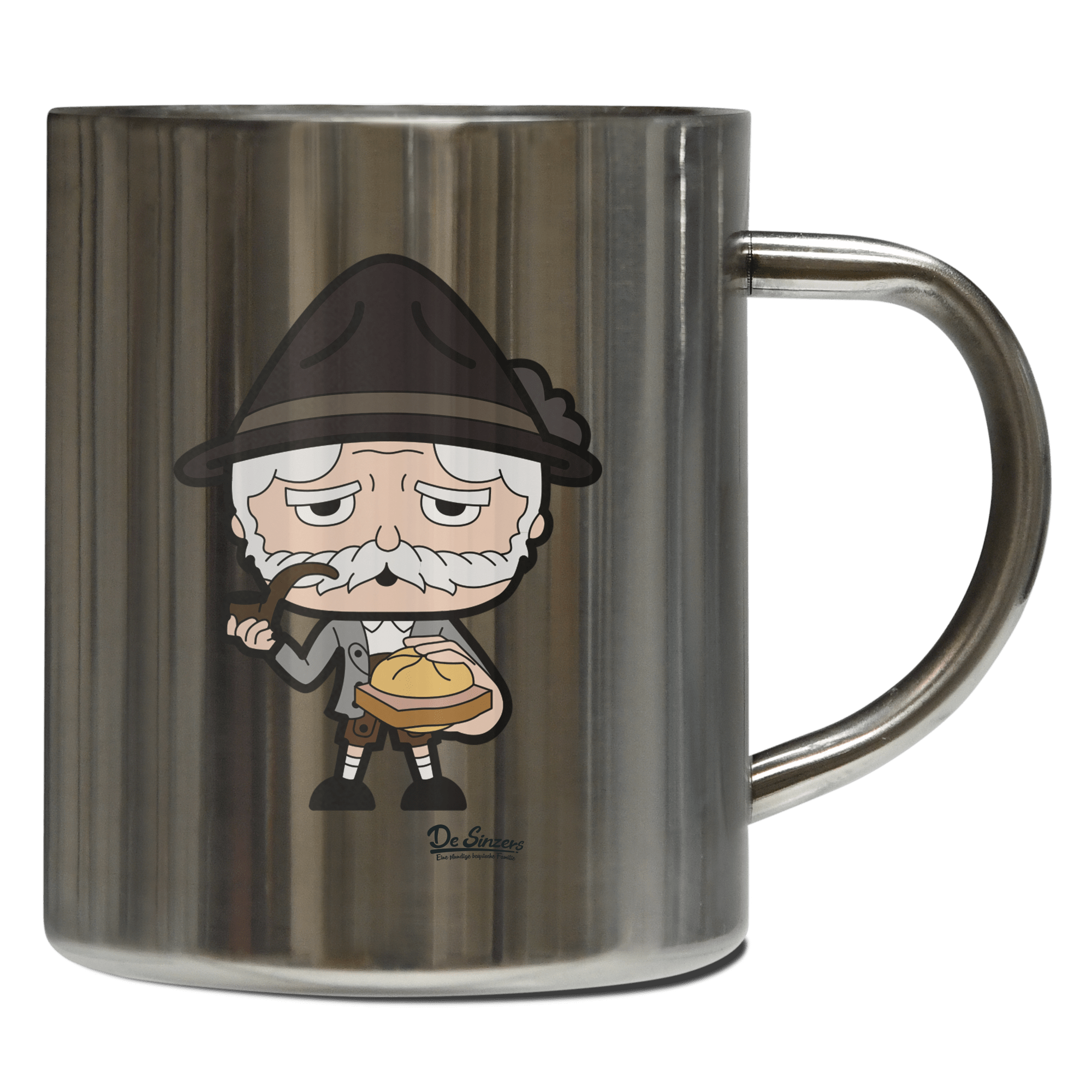 Da Oid Sinzer Leberkassemmel Edelstahl Kaffeetasse 400ml Grosser Arber Front Da Oid Sinzer Leberkassemmel Edelstahl Kaffeetasse 400ml Grosser Arber Front