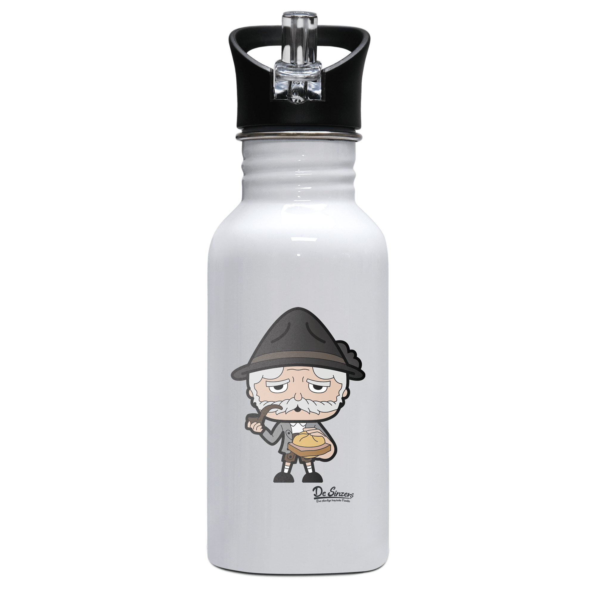 Da Oid Sinzer Leberkassemmel Edelstahl Trinkflasche mit klappbarem Mundstueck 500ml Weiss Rotwand Front Da Oid Sinzer Leberkassemmel Edelstahl Trinkflasche mit klappbarem Mundstueck 500ml Weiss Rotwand Front