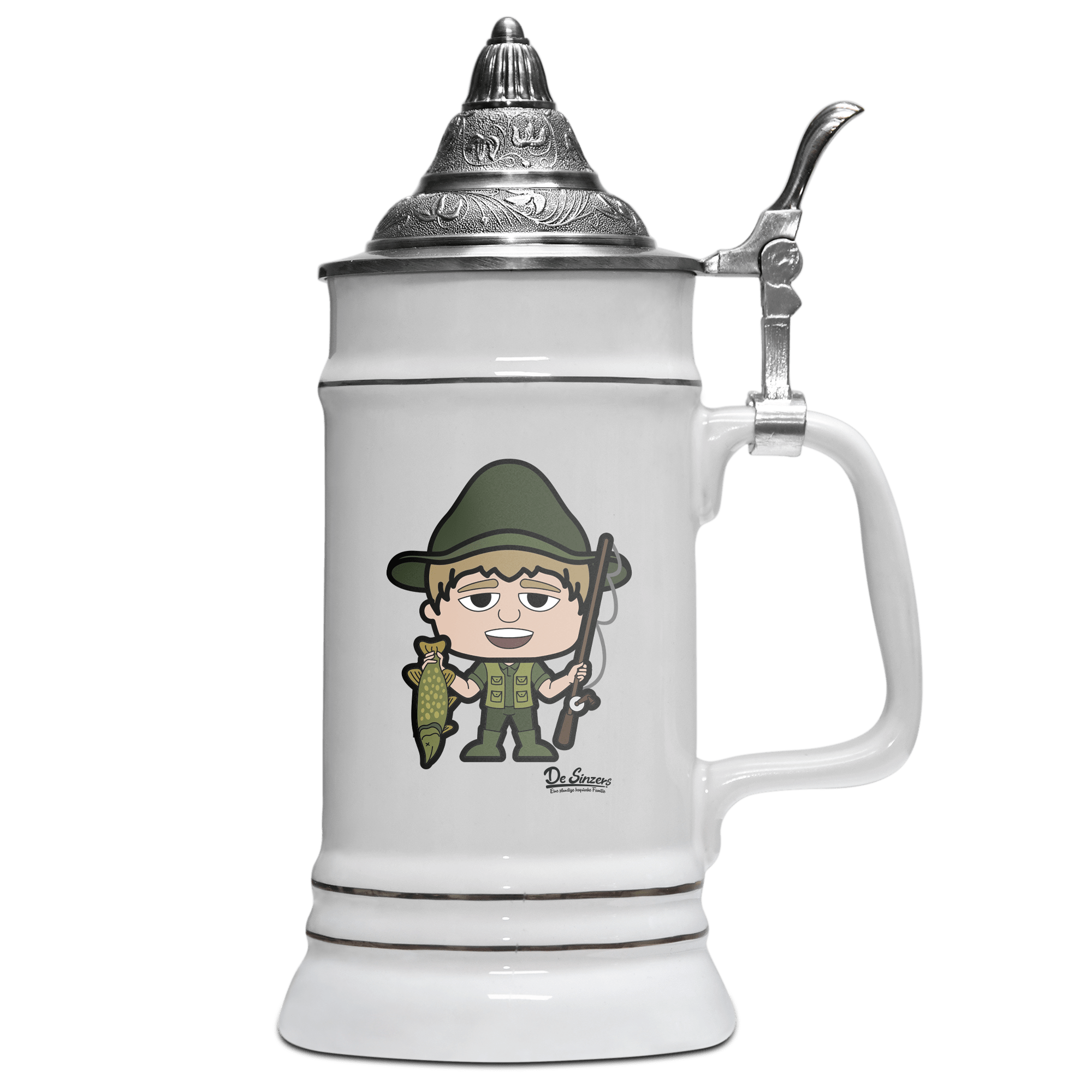 Da Jung Sinzer Angler Bierkrug 500ml Weiss mit Spitzdeckel Wendelstein Front