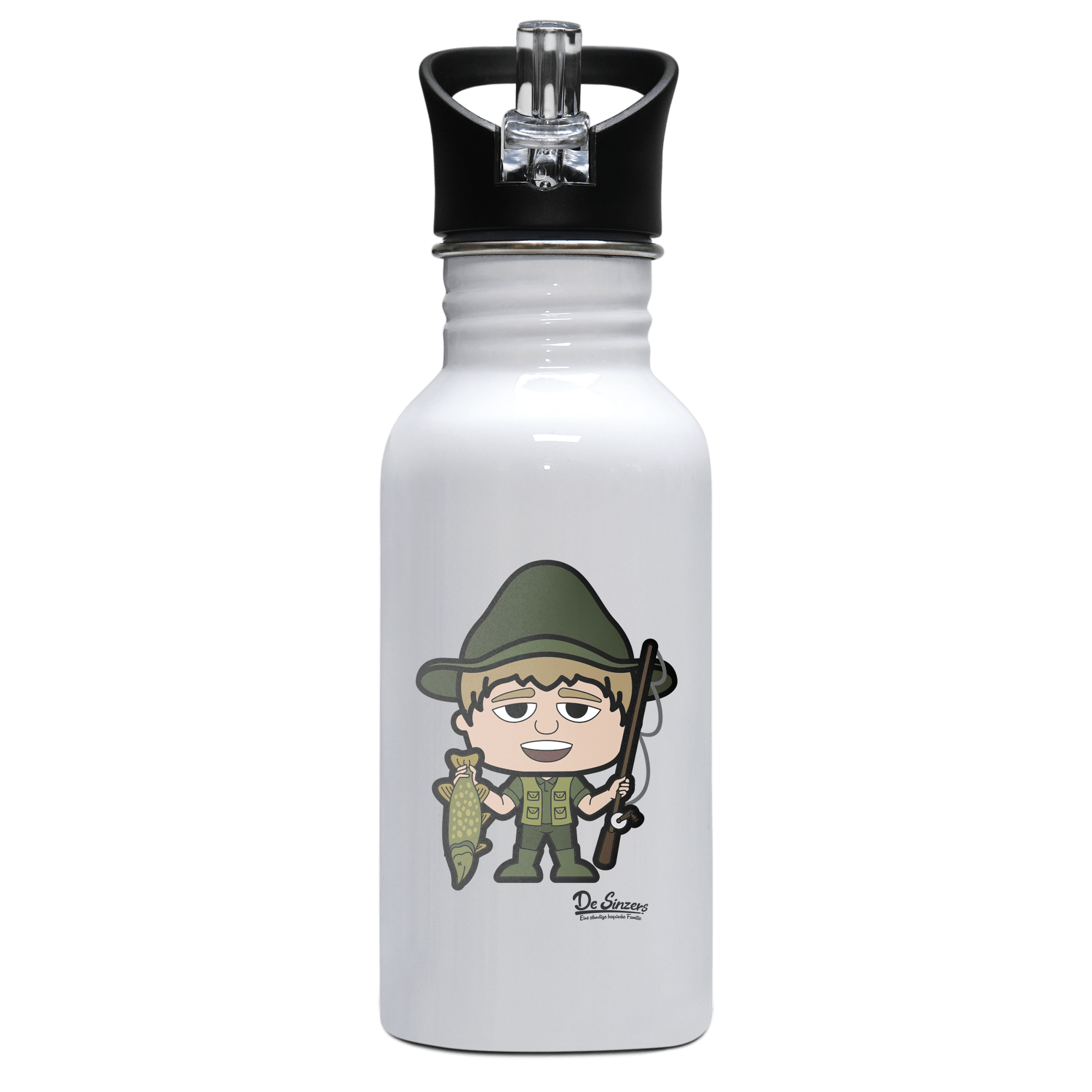 Da Jung Sinzer Angler Edelstahl Trinkflasche mit klappbarem Mundstueck 500ml Weiss Rotwand Front