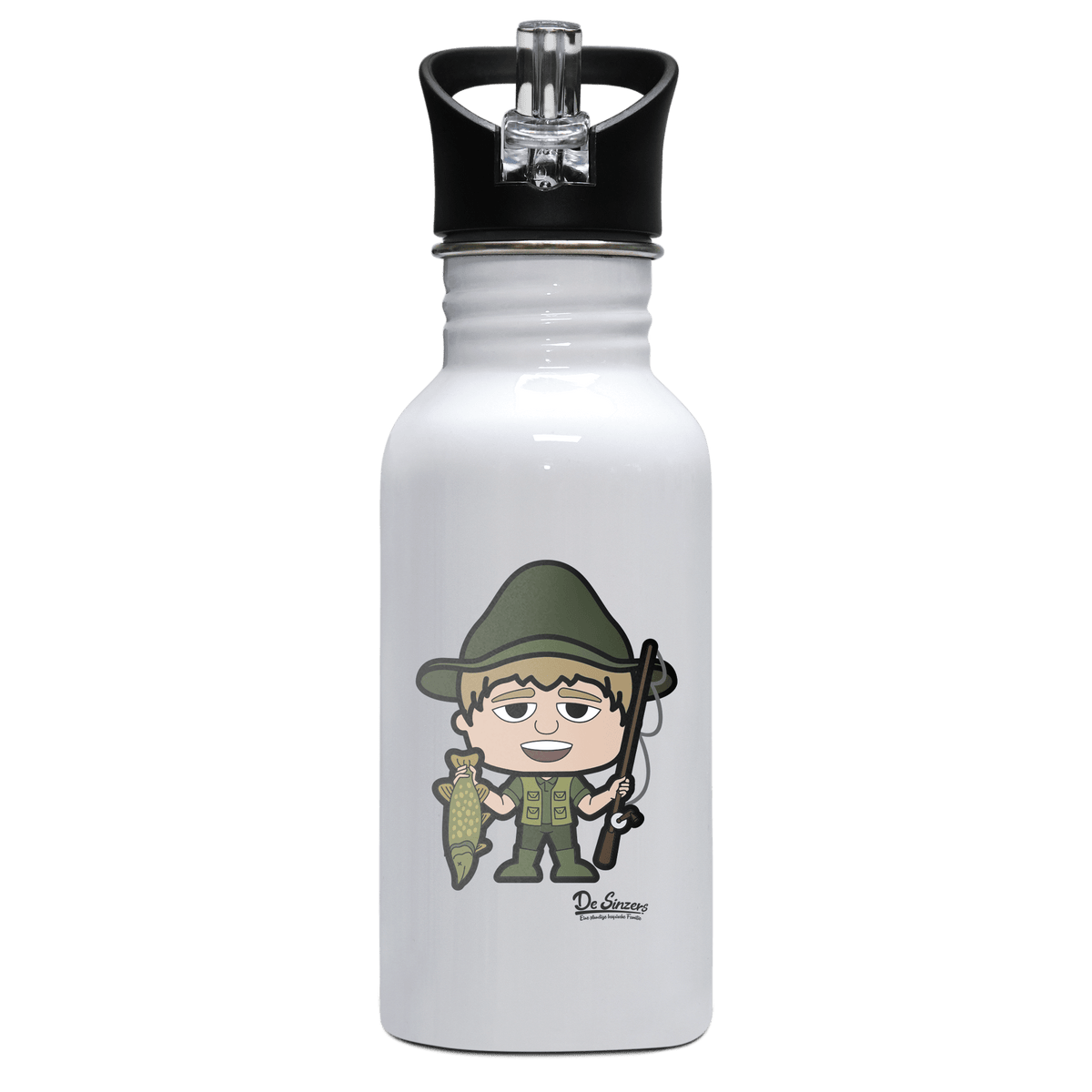 Da Jung Sinzer Angler Edelstahl Trinkflasche mit klappbarem Mundstueck 500ml Weiss Rotwand Front