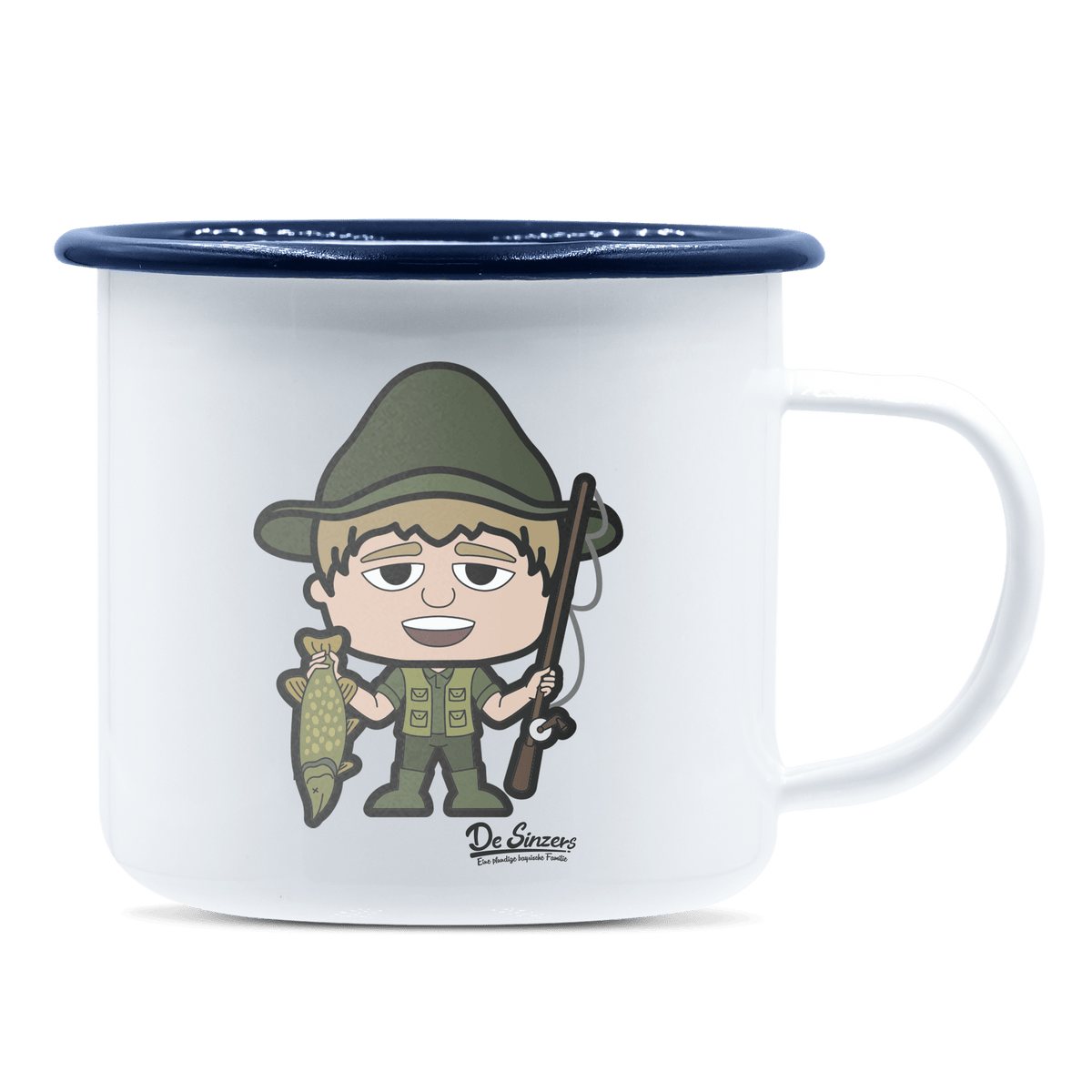 Da Jung Sinzer Angler Emaille Tasse 375ml Weiss Blau Heuberg Front