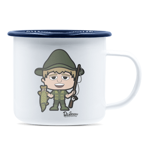 Da Jung Sinzer Angler Emaille Tasse 375ml Weiss Blau Heuberg Front