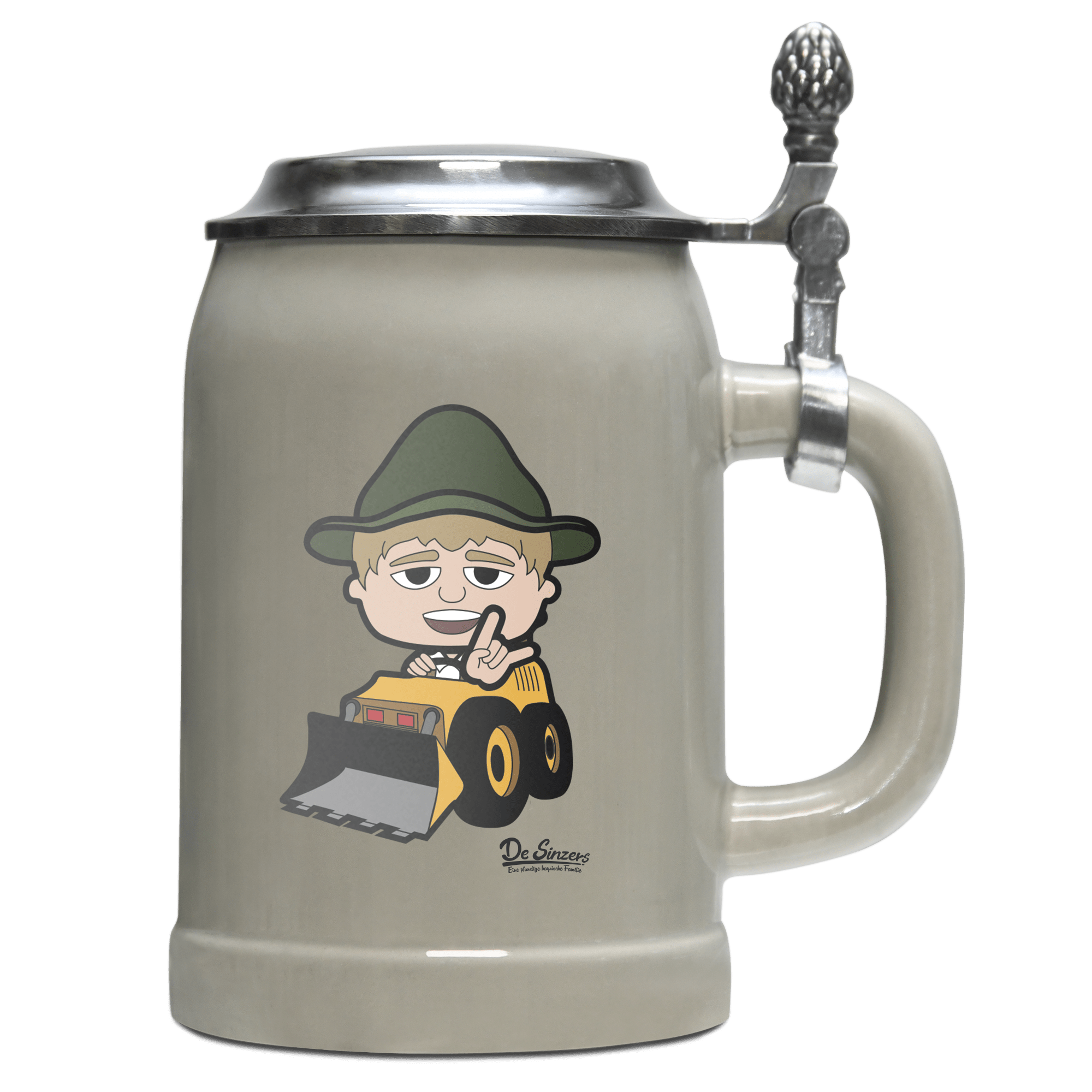 Da Jung Sinzer Baggerfahrer Bierkrug 500ml Grau mit Deckel Hocheck Front