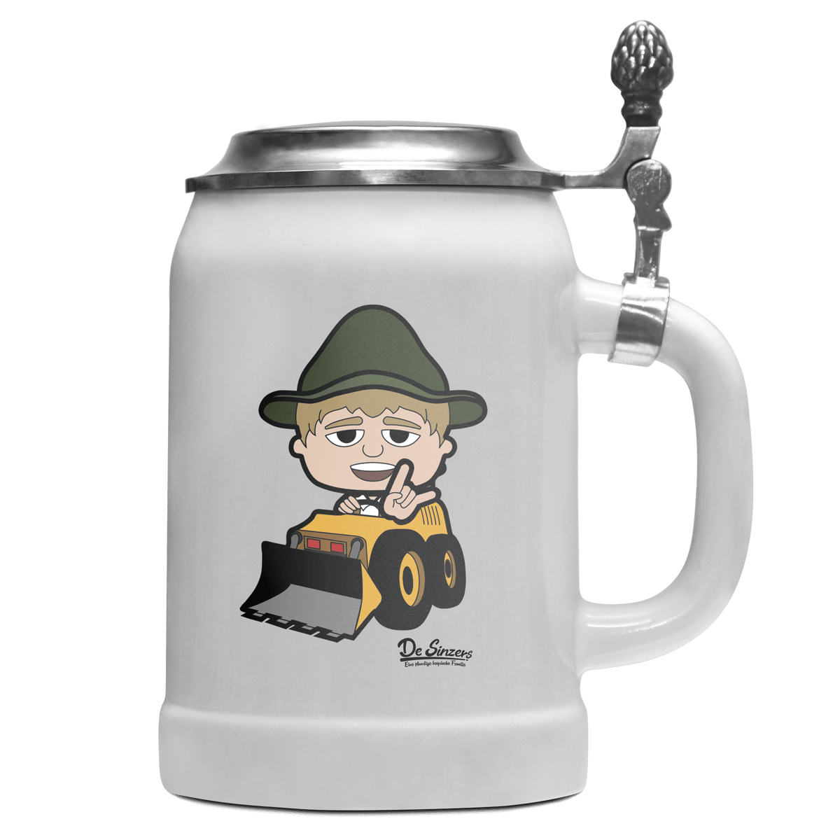 Da Jung Sinzer Baggerfahrer Bierkrug 500ml Weiss mit Deckel Wetterspitzen Front