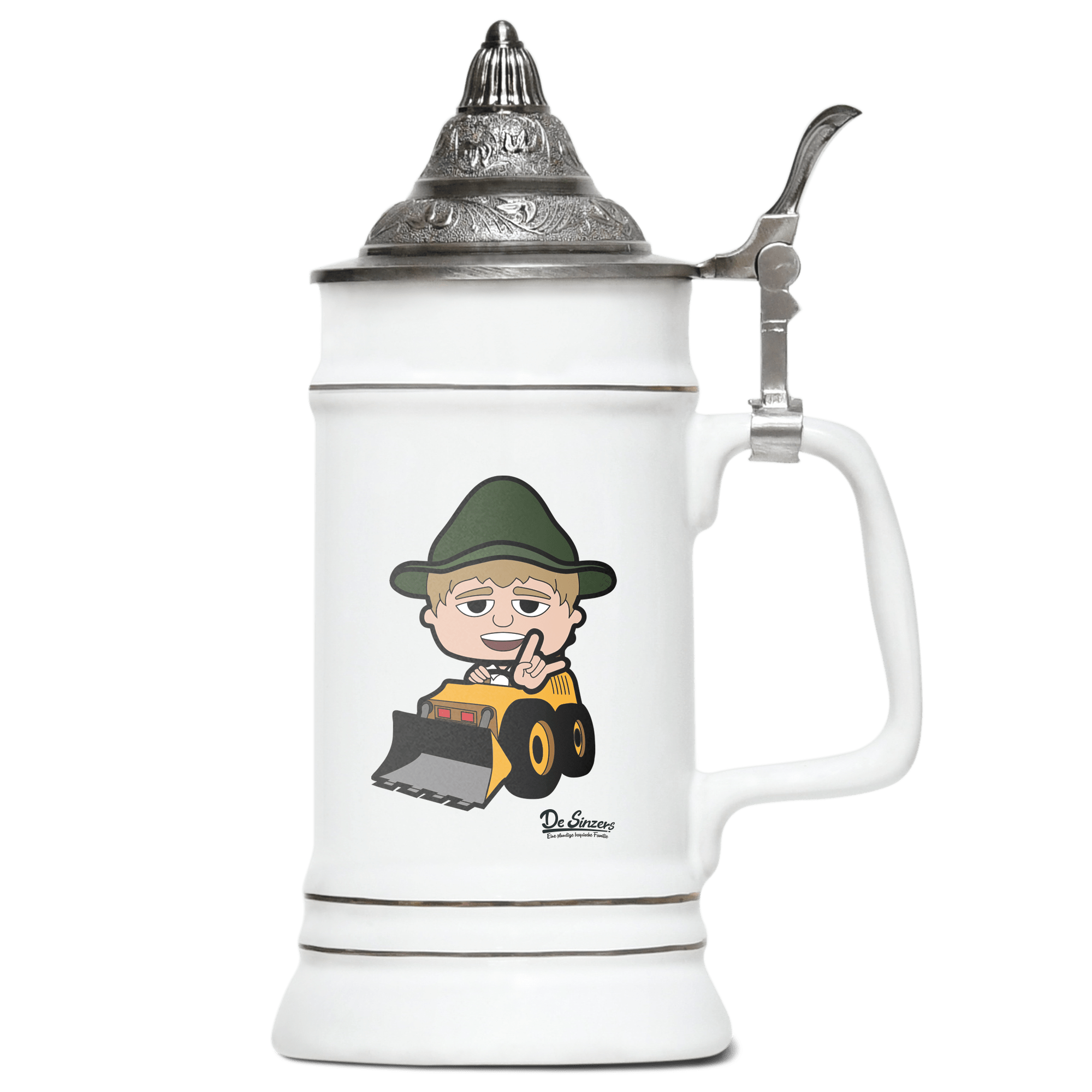 Da Jung Sinzer Baggerfahrer Bierkrug 500ml Weiss mit Spitzdeckel Wendelstein Front