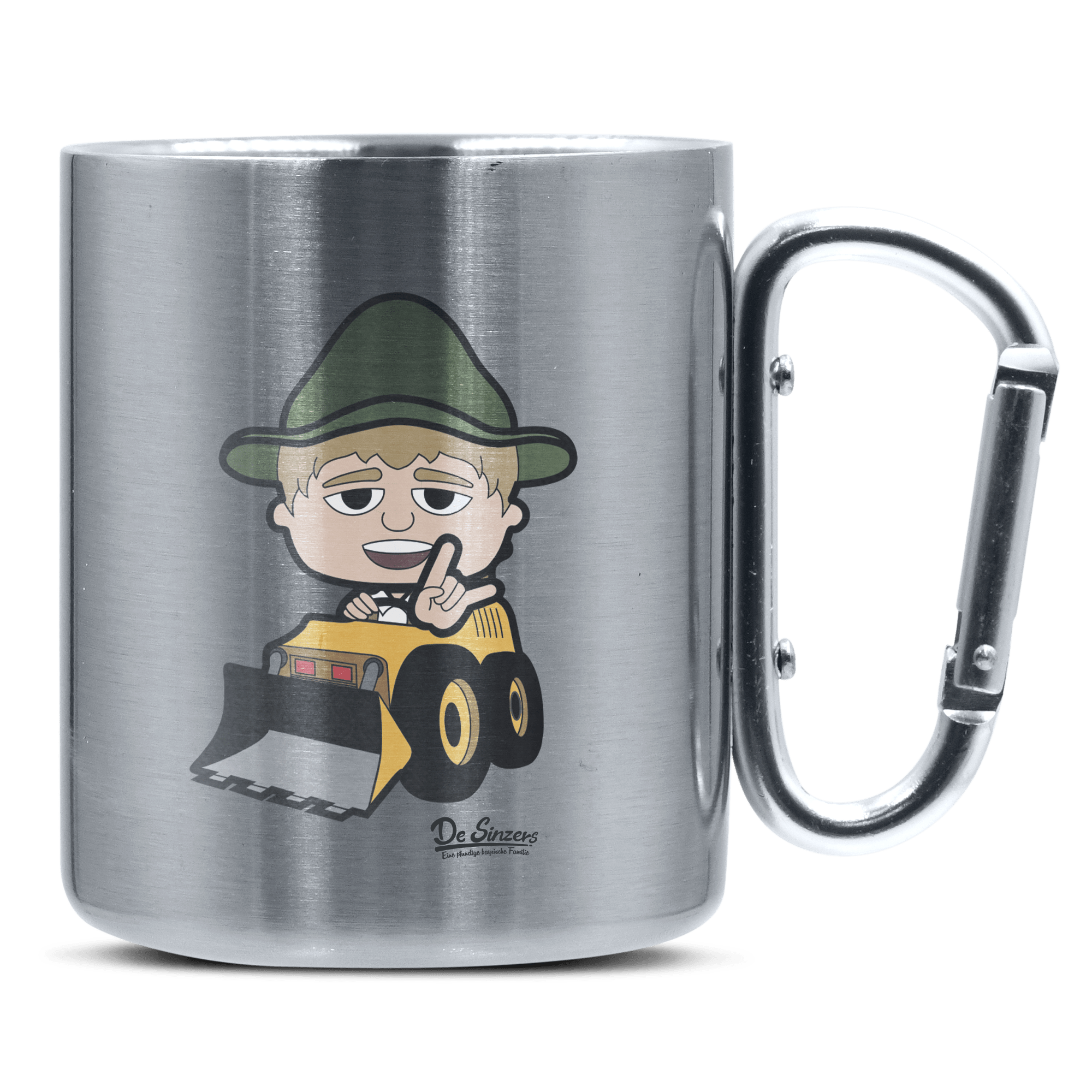 Da Jung Sinzer Baggerfahrer Edelstahl Kaffeetasse silberer Karabiner 320ml Grosser Traithen Front