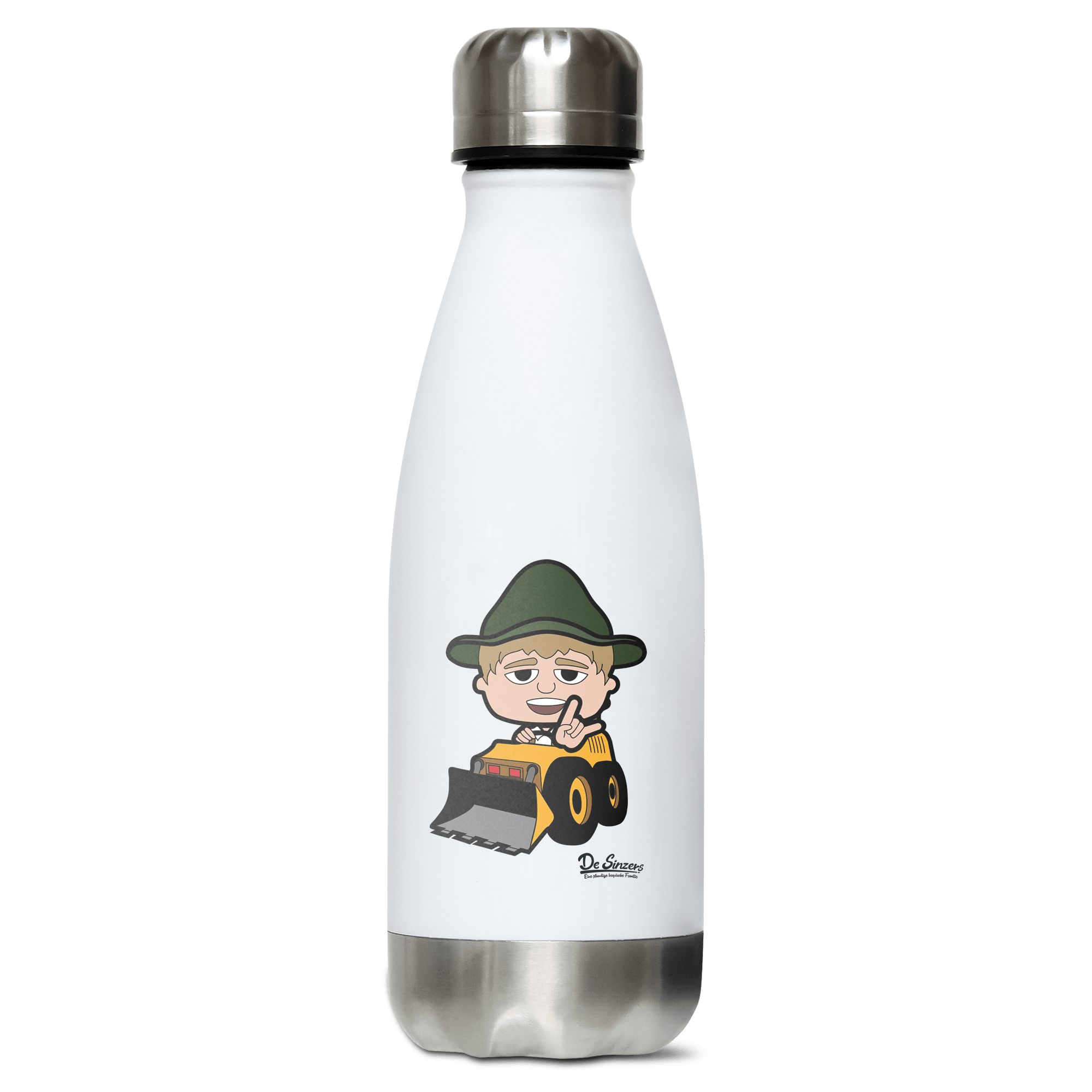 Da Jung Sinzer Baggerfahrer Edelstahl Thermoflasche 350ml Weiss Silber Kreuzspitze Front