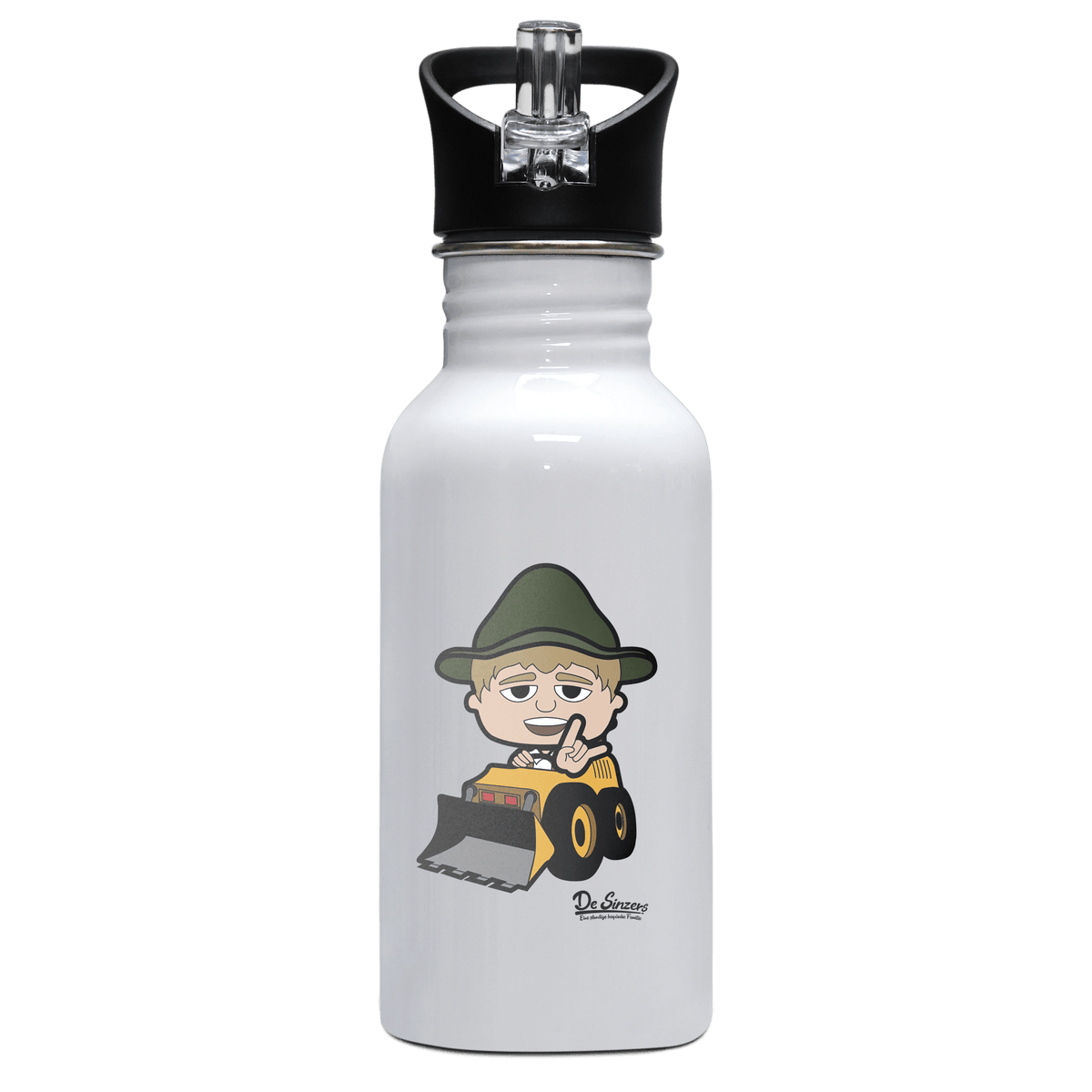 Da Jung Sinzer Baggerfahrer Edelstahl Trinkflasche mit klappbarem Mundstueck 500ml Weiss Rotwand Front