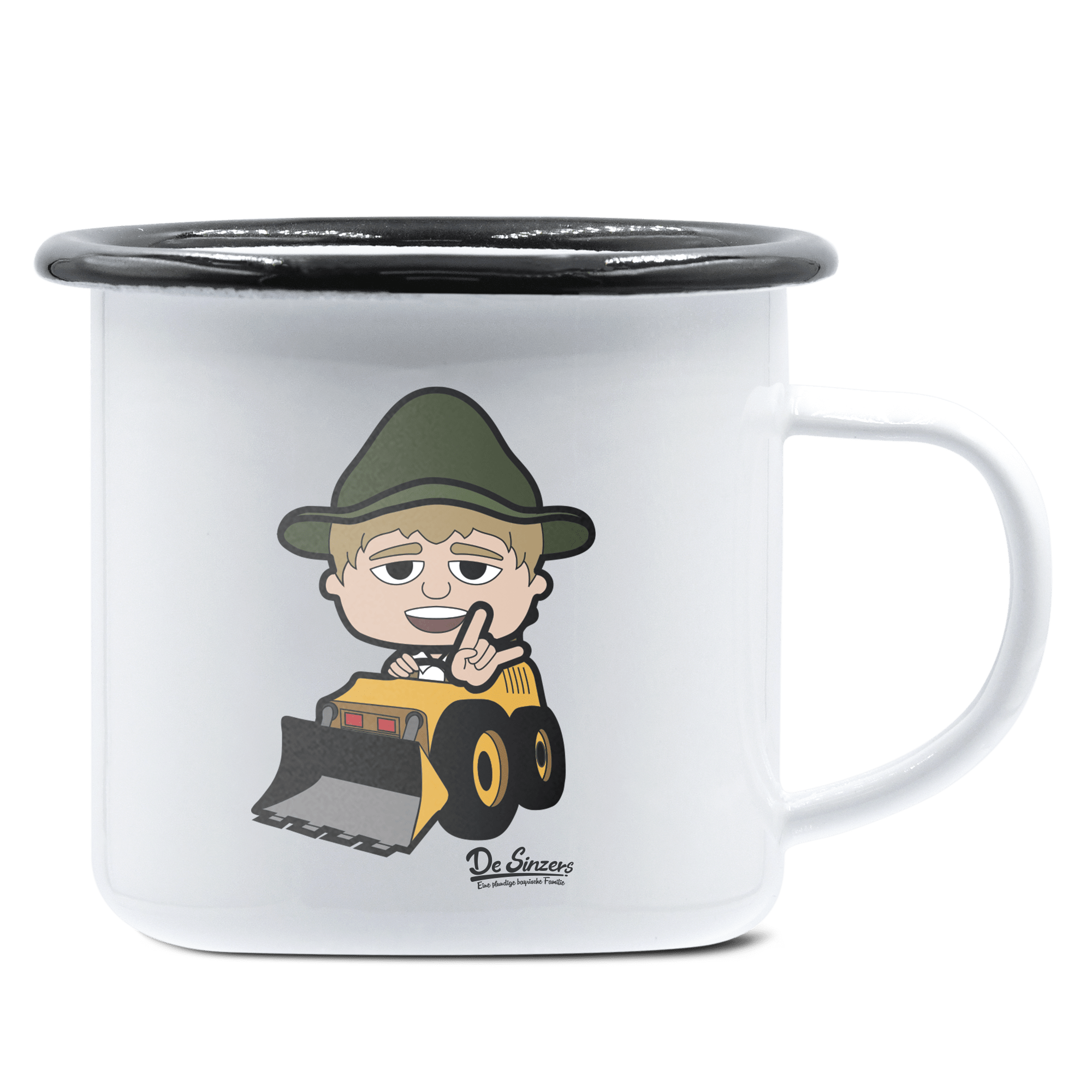 Da Jung Sinzer Baggerfahrer Emaille Tasse 375ml Weiss Schwarz Hochries Front