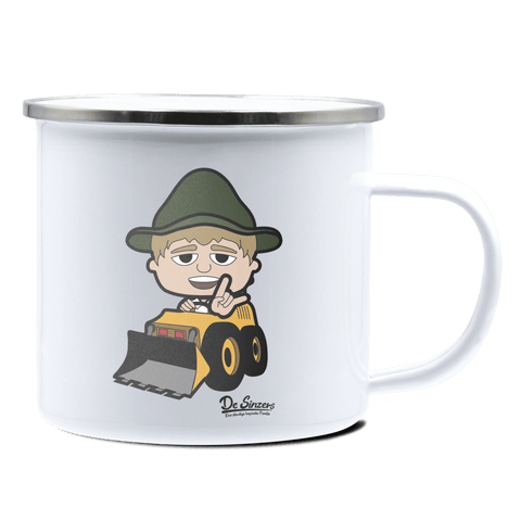 Da Jung Sinzer Baggerfahrer Emaille Tasse 375ml Weiss Silber Kampenwand Front