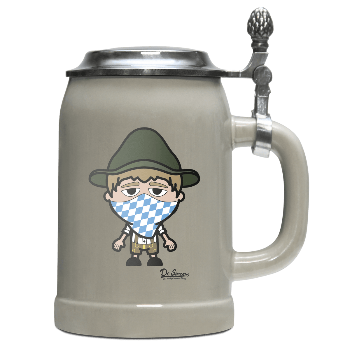 Da Jung Sinzer Bayrisches Mundtuch Bierkrug 500ml Grau mit Deckel Hocheck Front