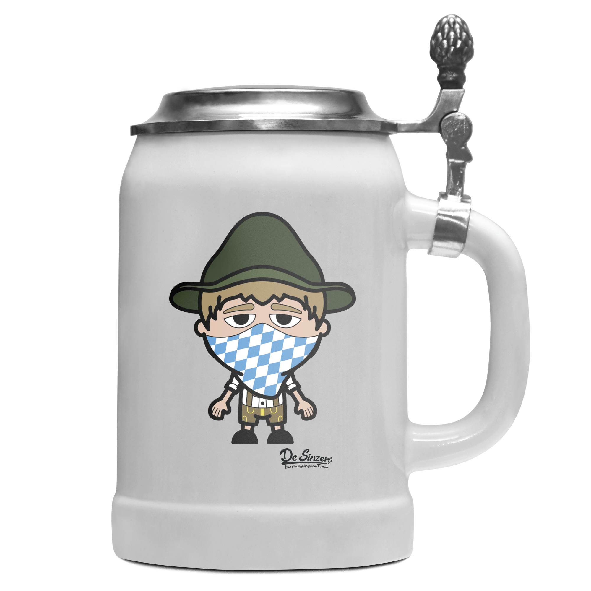 Da Jung Sinzer Bayrisches Mundtuch Bierkrug 500ml Weiss mit Deckel Wetterspitzen Front