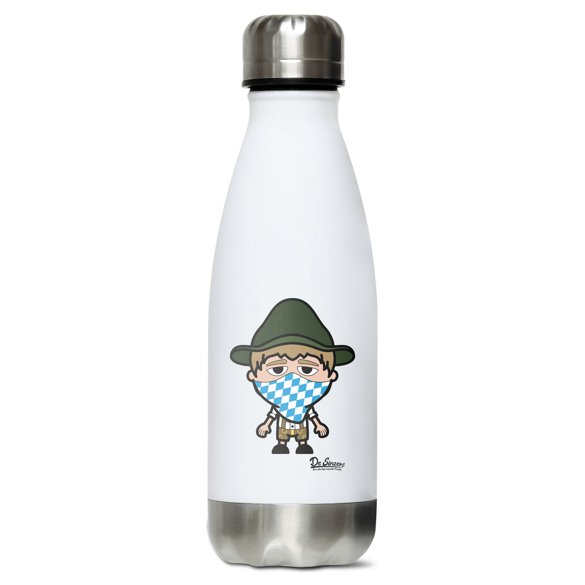 Da Jung Sinzer Bayrisches Mundtuch Edelstahl Thermoflasche 350ml Weiss Silber Kreuzspitze Front