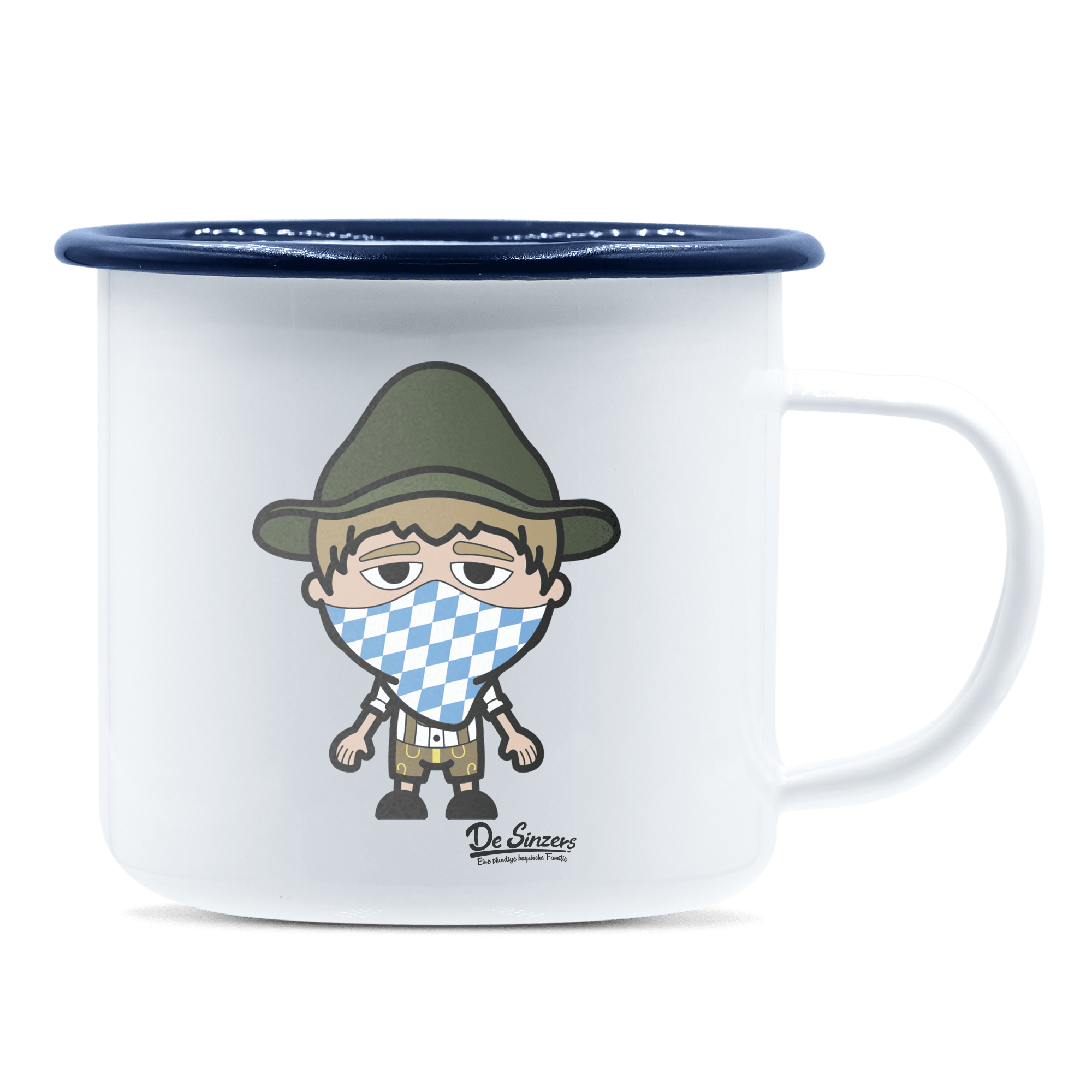 Da Jung Sinzer Bayrisches Mundtuch Emaille Tasse 375ml Weiss Blau Heuberg Front