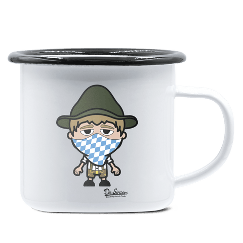 Da Jung Sinzer Bayrisches Mundtuch Emaille Tasse 375ml Weiss Schwarz Hochries Front 1