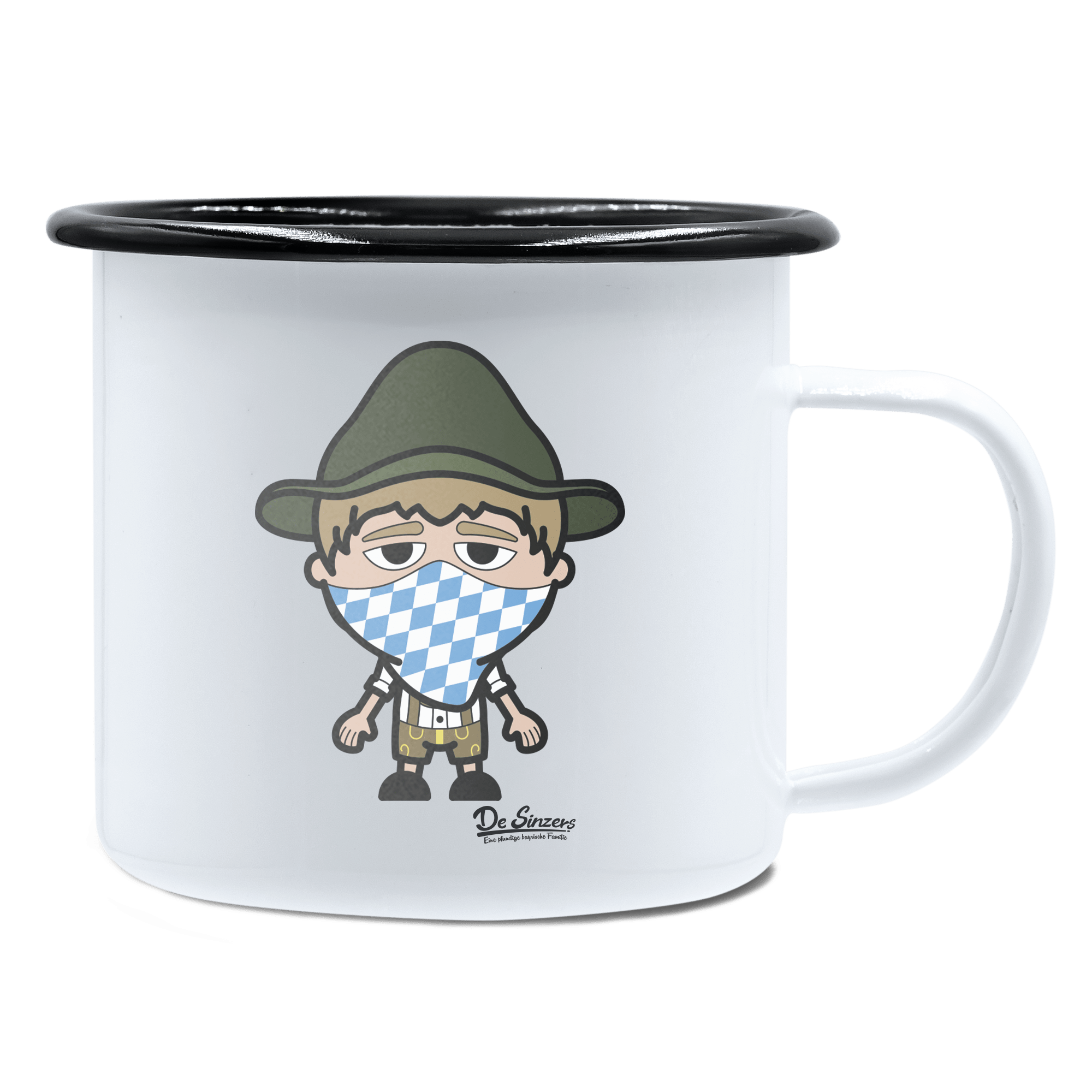 Da Jung Sinzer Bayrisches Mundtuch Emaille Tasse 450ml Weiss Schwarz Spitzstein Front