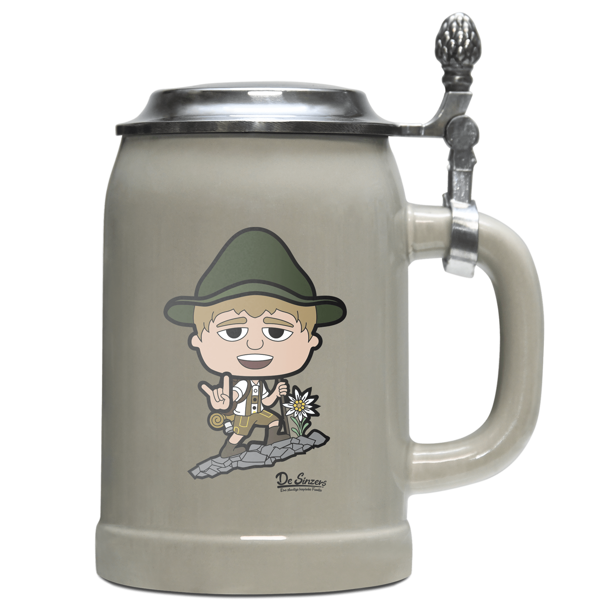 Da Jung Sinzer Bergsteiger Bierkrug 500ml Grau mit Deckel Hocheck Front