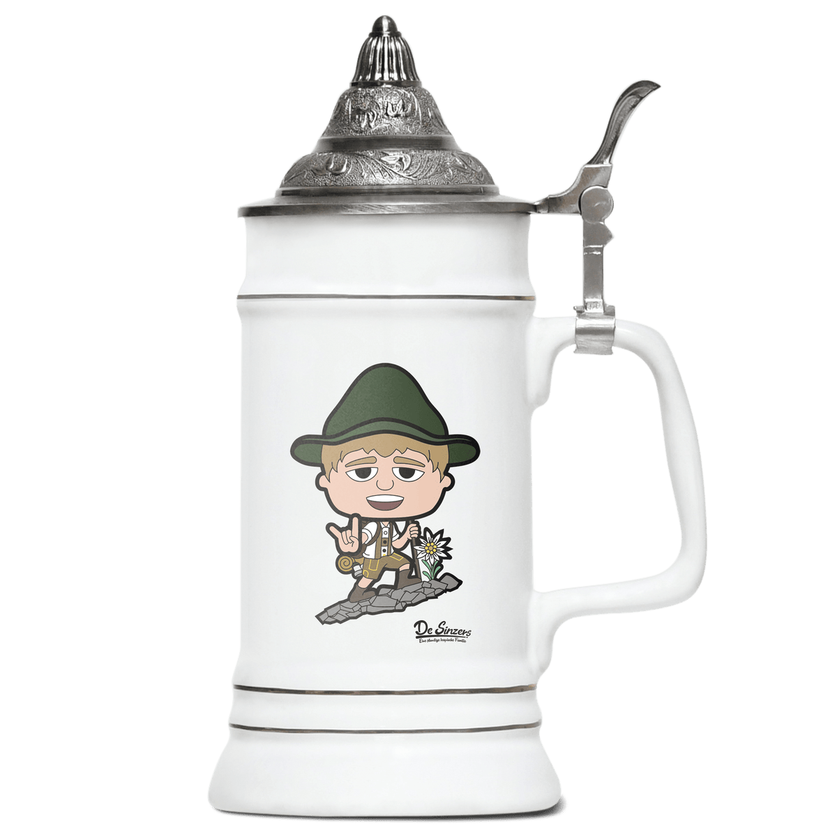 Da Jung Sinzer Bergsteiger Bierkrug 500ml Weiss mit Spitzdeckel Wendelstein Front