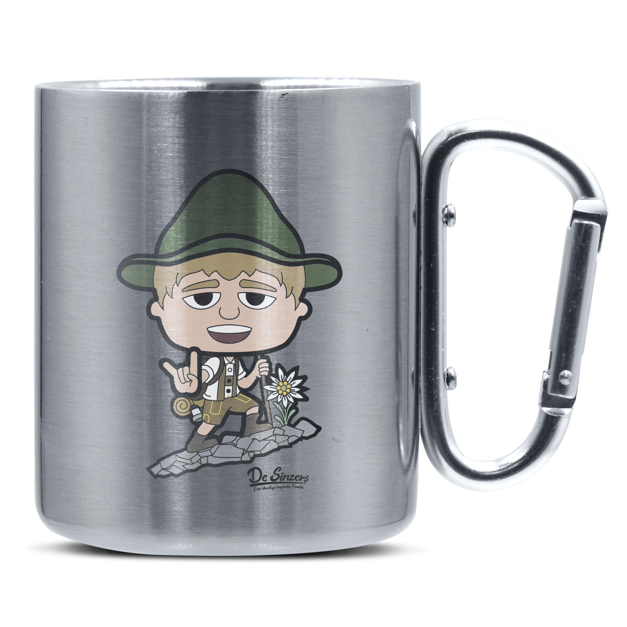 Da Jung Sinzer Bergsteiger Edelstahl Kaffeetasse silberer Karabiner 320ml Grosser Traithen Front