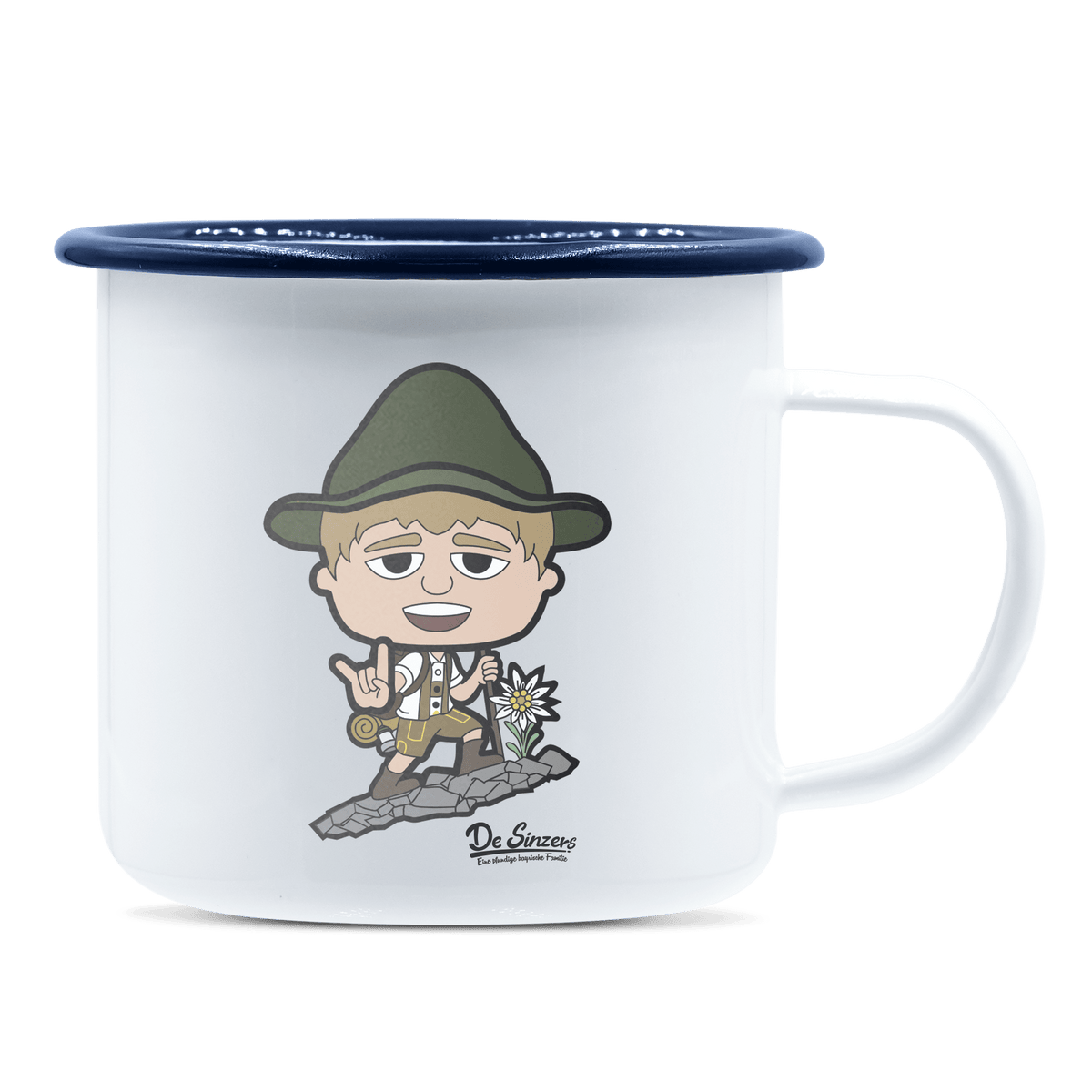 Da Jung Sinzer Bergsteiger Emaille Tasse 375ml Weiss Blau Heuberg Front