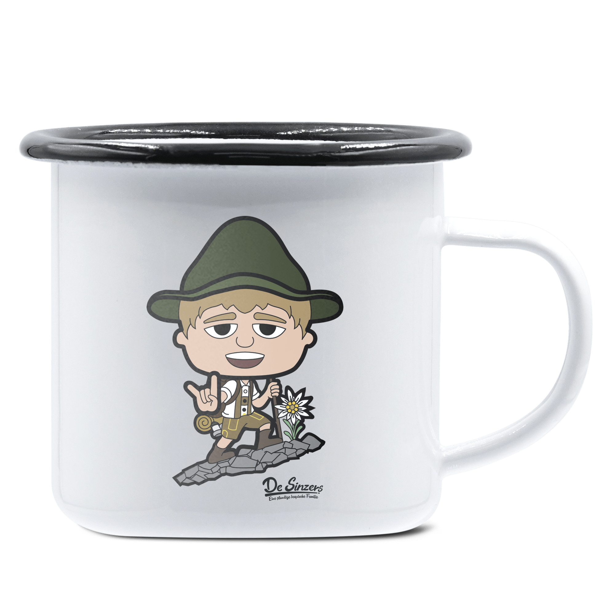 Da Jung Sinzer Bergsteiger Emaille Tasse 375ml Weiss Schwarz Hochries Front 1