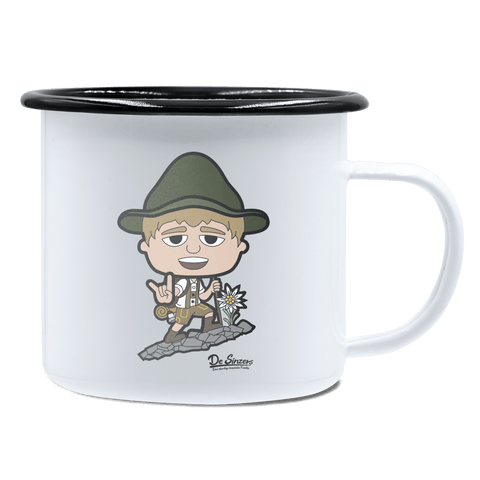 Da Jung Sinzer Bergsteiger Emaille Tasse 450ml Weiss Schwarz Spitzstein Front