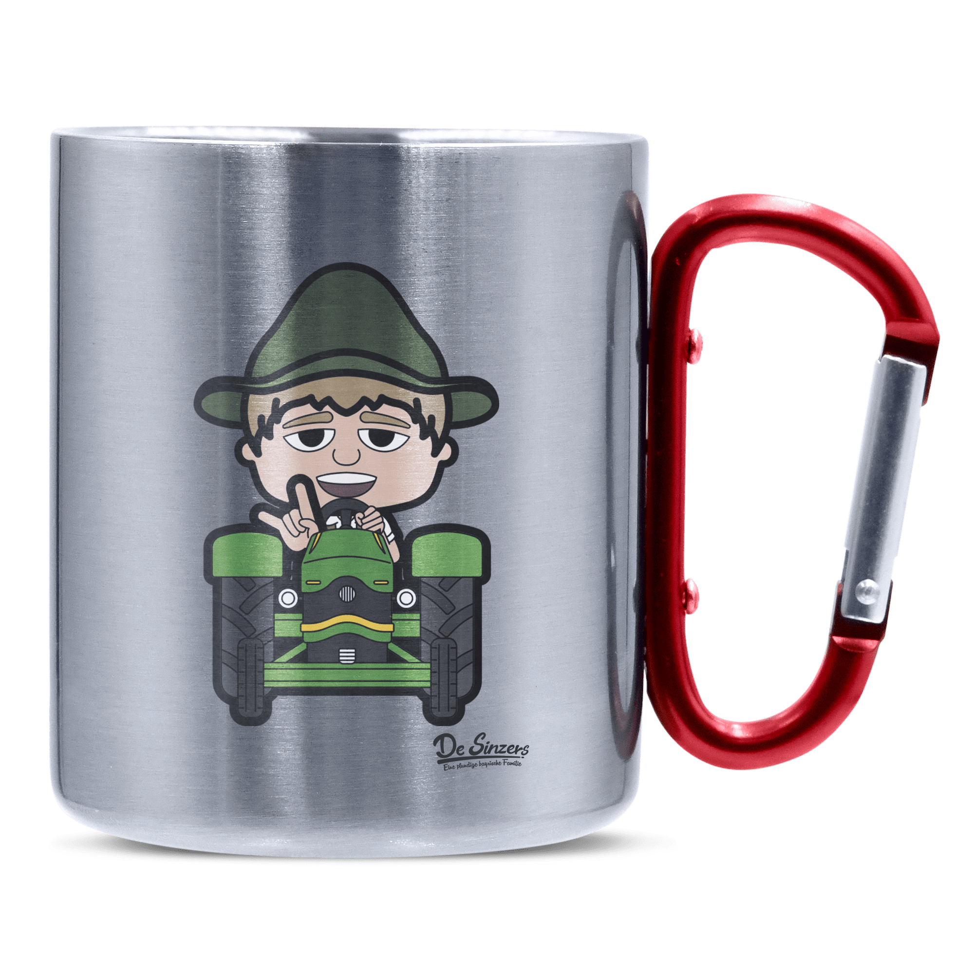 Da Jung Sinzer Bulldog Edelstahl Kaffeetasse roter Karabiner 320ml Kitzstein Front
