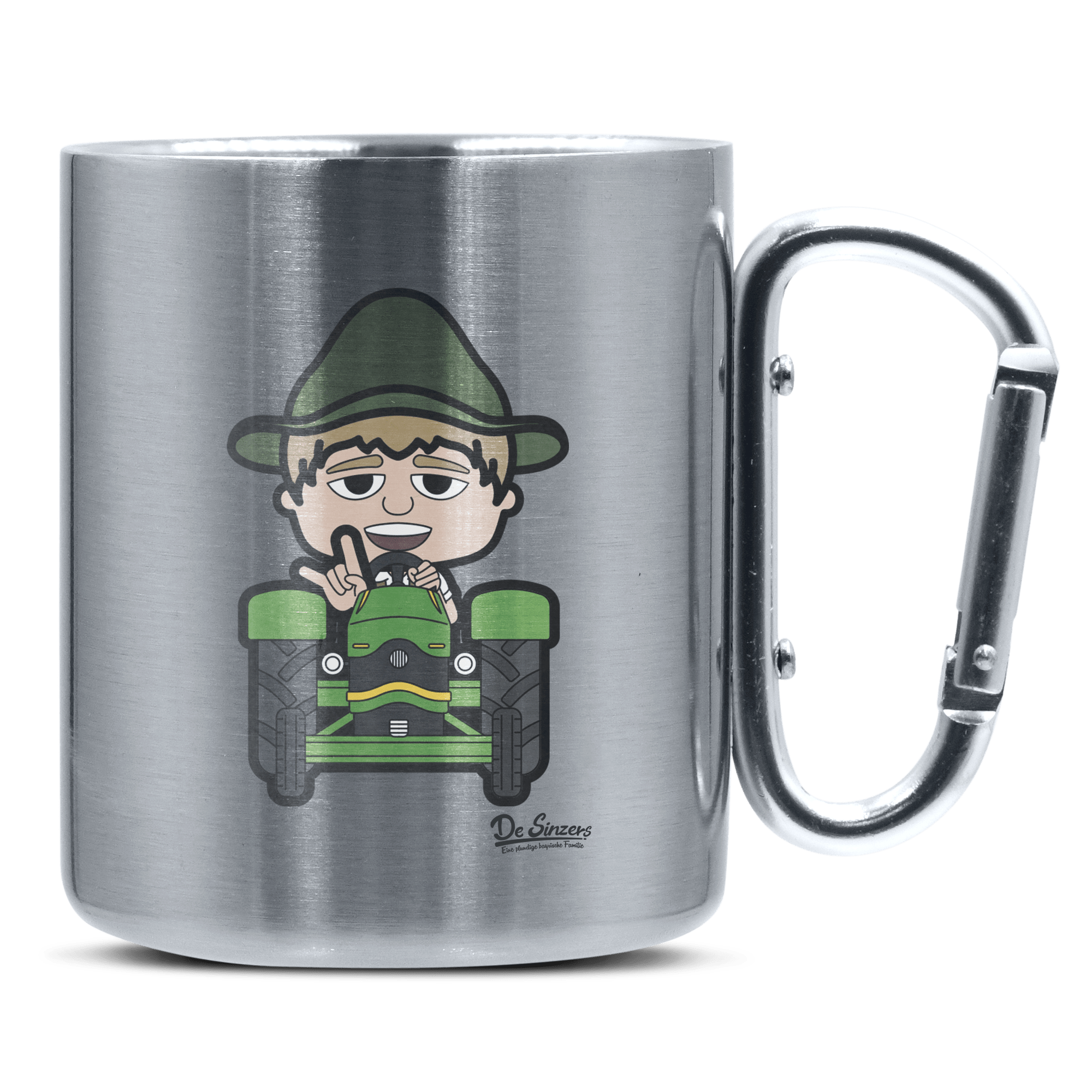 Da Jung Sinzer Bulldog Edelstahl Kaffeetasse silberer Karabiner 320ml Grosser Traithen Front