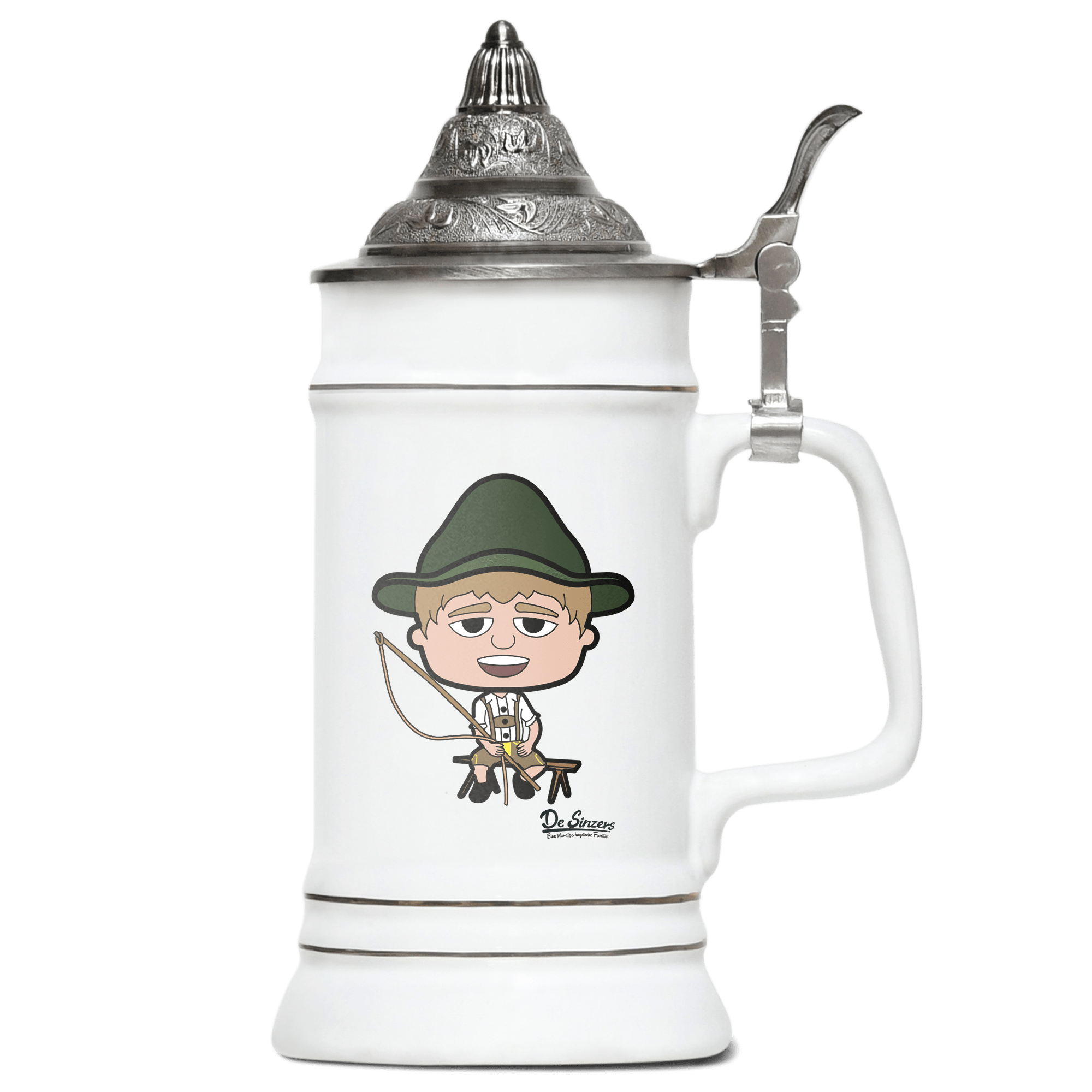 Da Jung Sinzer Goaßlschnoizer Bierkrug 500ml Weiss mit Spitzdeckel Wendelstein Front