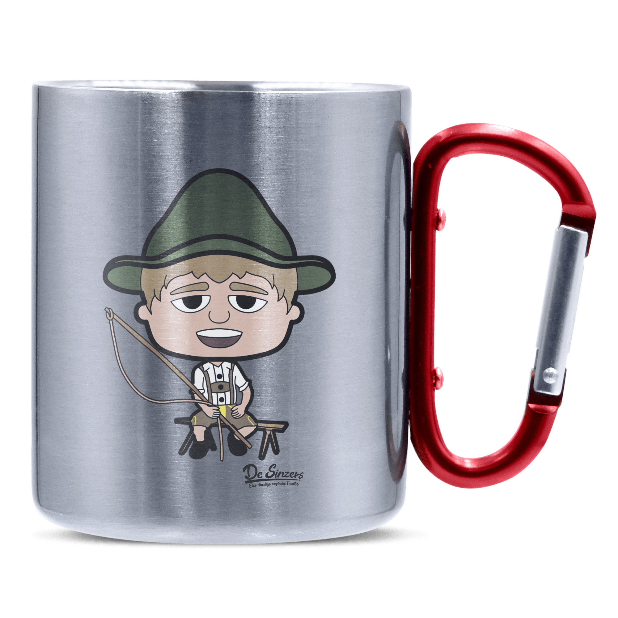 Da Jung Sinzer Goaßlschnoizer Edelstahl Kaffeetasse roter Karabiner 320ml Kitzstein Front