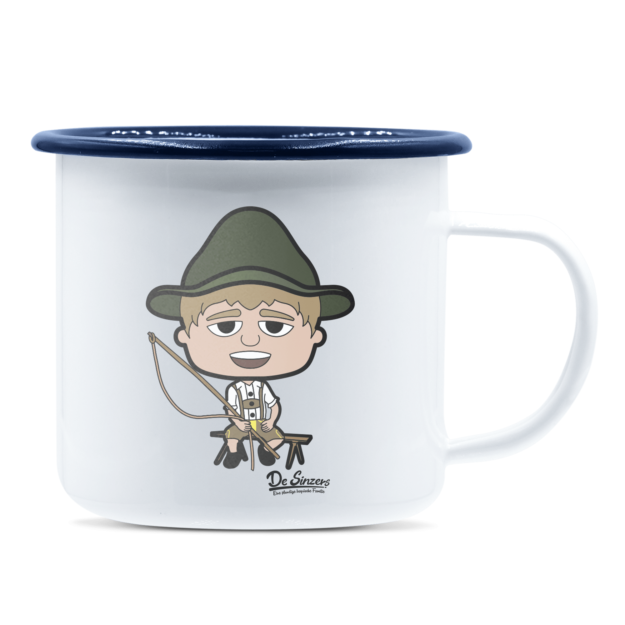 Da Jung Sinzer Goasslschnoizer Emaille Tasse 375ml Weiss Blau Heuberg Front