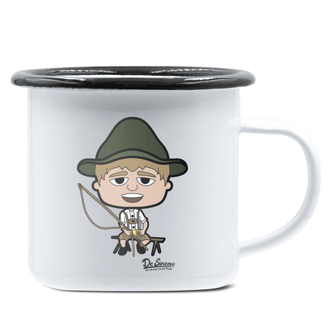 Da Jung Sinzer Goasslschnoizer Emaille Tasse 375ml Weiss Schwarz Hochries Front