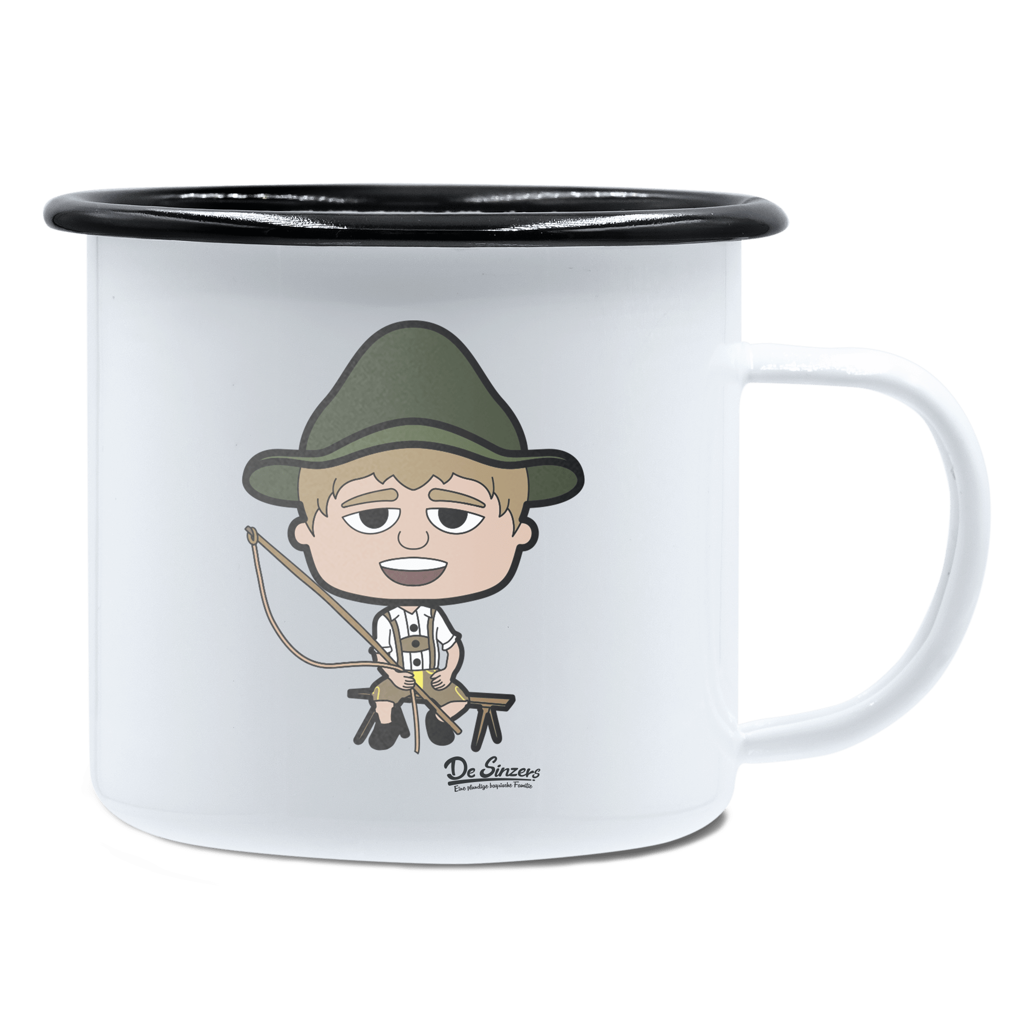 Da Jung Sinzer Goasslschnoizer Emaille Tasse 450ml Weiss Schwarz Spitzstein Front