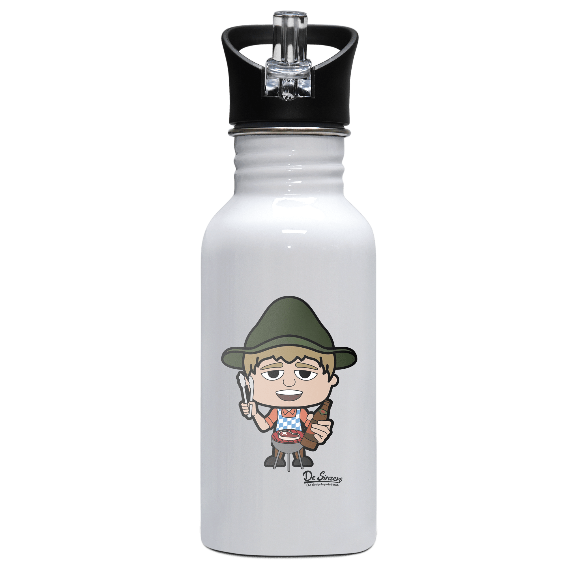 Da Jung Sinzer Griller Edelstahl Trinkflasche mit klappbarem Mundstueck 500ml Weiss Rotwand Front