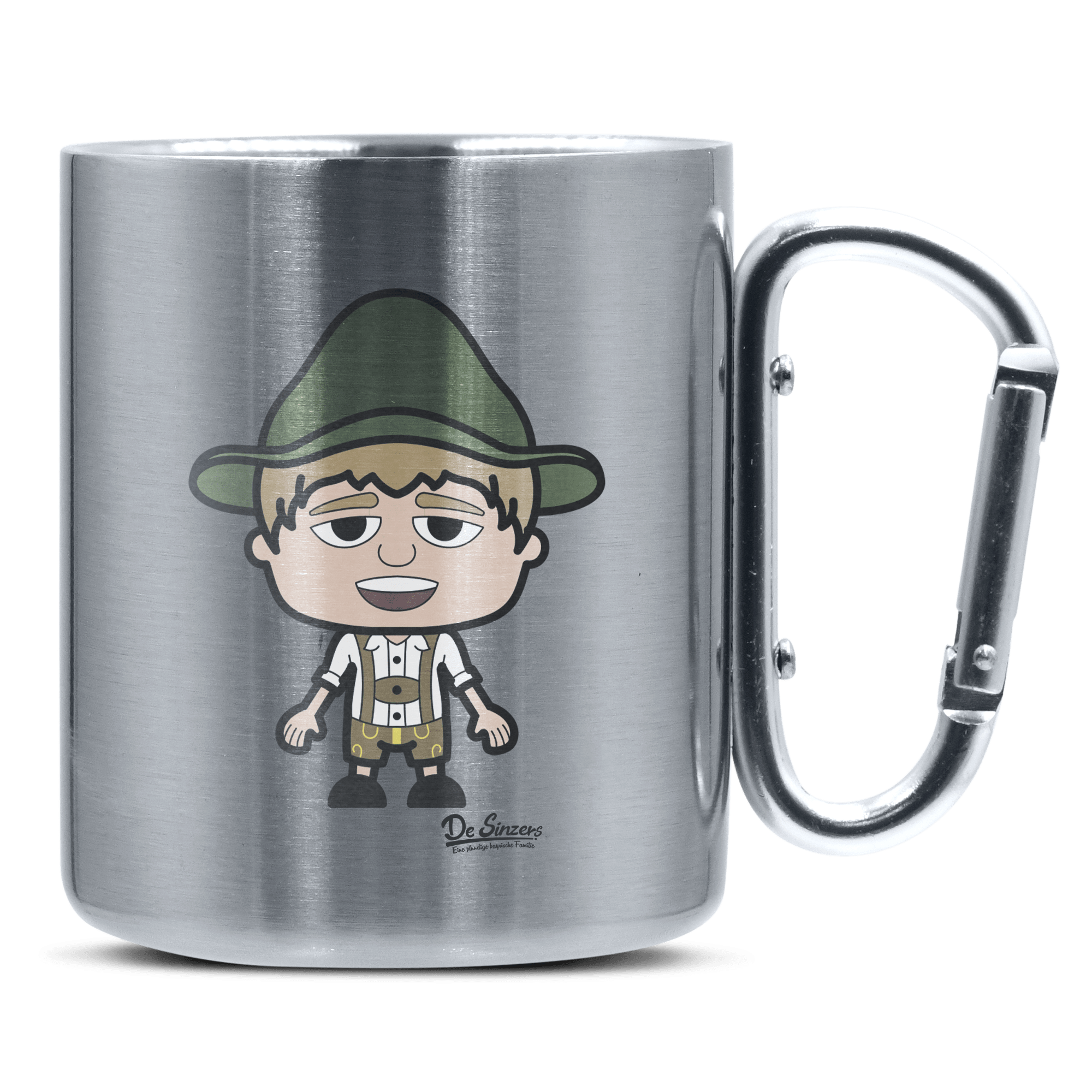 Da Jung Sinzer Grundfiguren Edelstahl Kaffeetasse silberer Karabiner 320ml Grosser Traithen Front