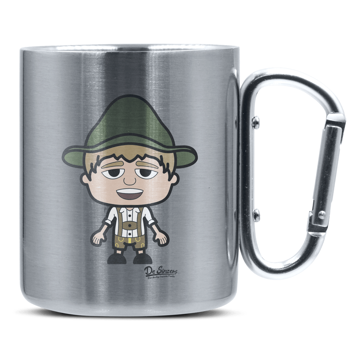 Da Jung Sinzer Grundfiguren Edelstahl Kaffeetasse silberer Karabiner 320ml Grosser Traithen Front