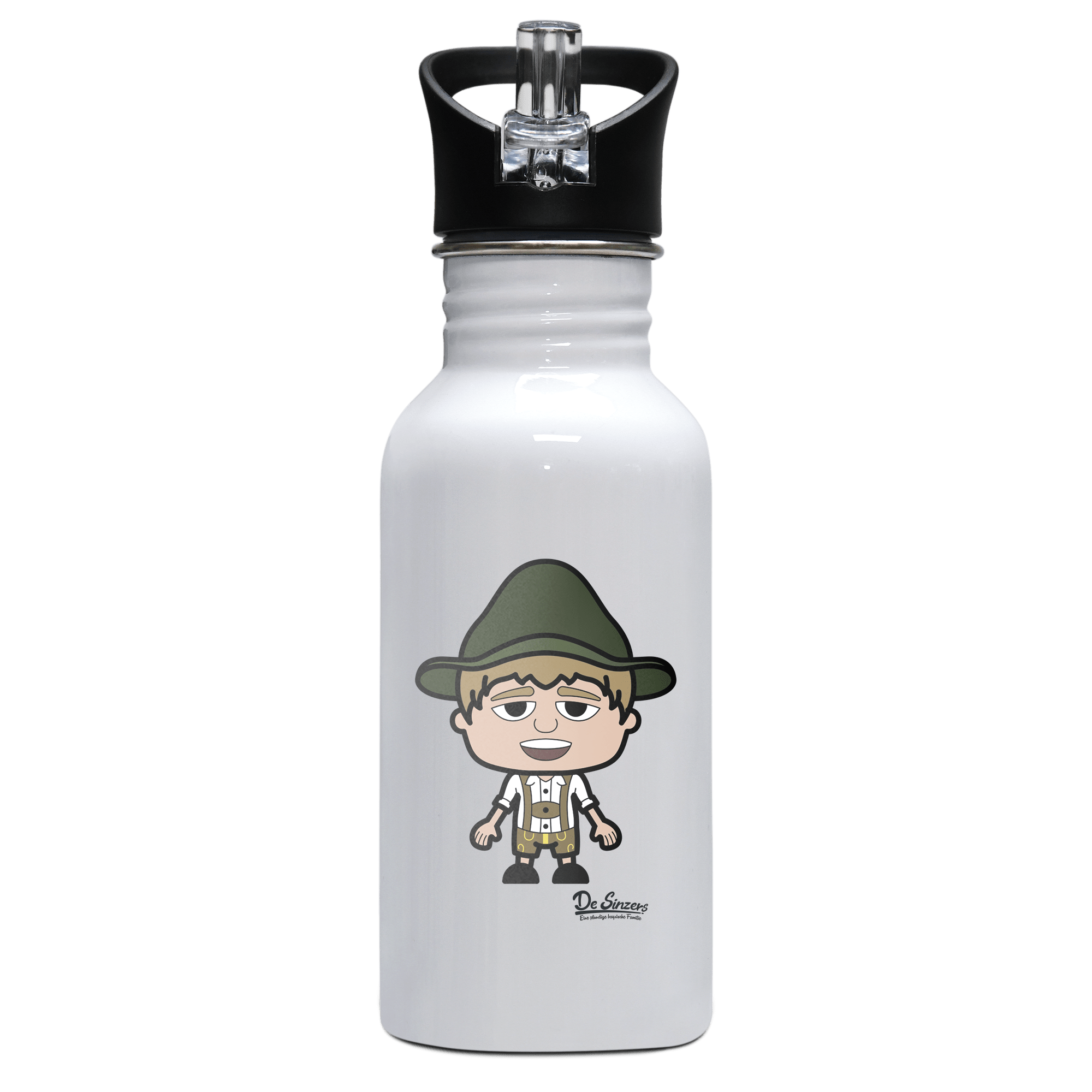 Da Jung Sinzer Grundfiguren Edelstahl Trinkflasche mit klappbarem Mundstueck 500ml Weiss Rotwand Front