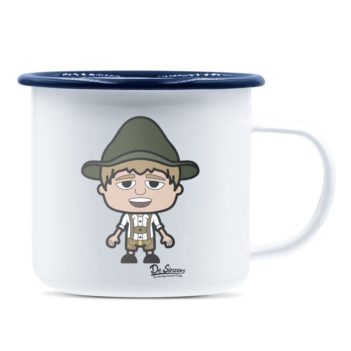 Da Jung Sinzer Grundfiguren Emaille Tasse 375ml Weiss Blau Heuberg Front