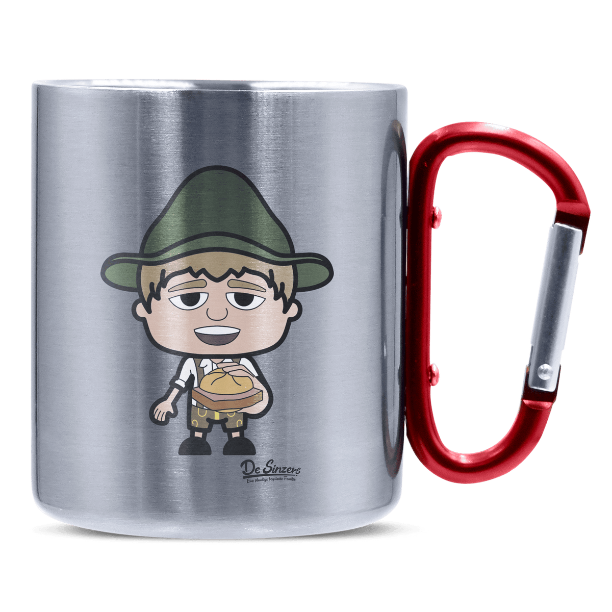 Da Jung Sinzer Leberkassemmel Edelstahl Kaffeetasse roter Karabiner 320ml Kitzstein Front