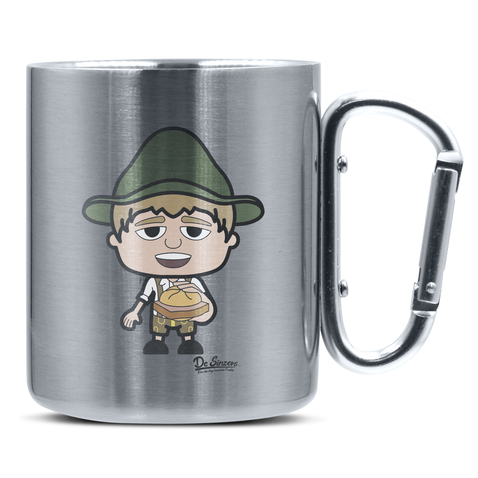 Da Jung Sinzer Leberkassemmel Edelstahl Kaffeetasse silberer Karabiner 320ml Grosser Traithen Front