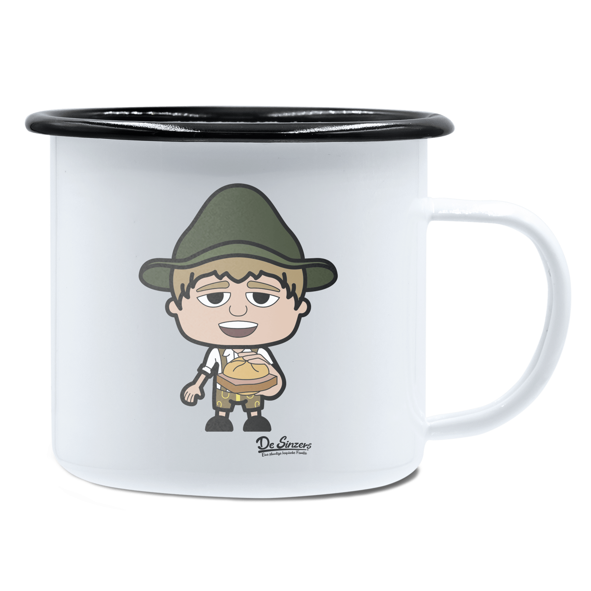 Da Jung Sinzer Leberkassemmel Emaille Tasse 450ml Weiss Schwarz Spitzstein Front