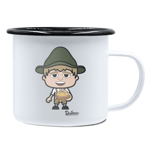 Da Jung Sinzer Leberkassemmel Emaille Tasse 450ml Weiss Schwarz Spitzstein Front