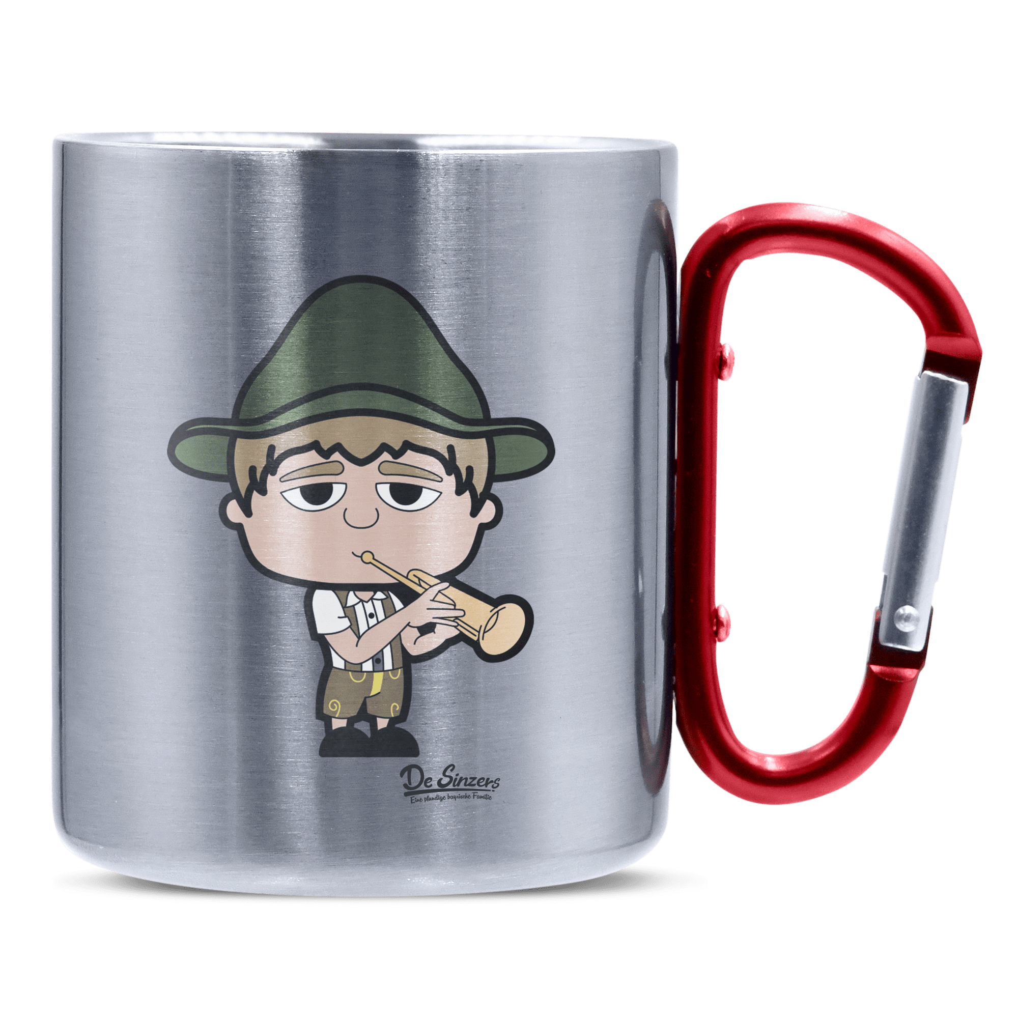 Da Jung Sinzer Musikinstrumente Edelstahl Kaffeetasse roter Karabiner 320ml Kitzstein Front