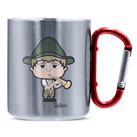 Da Jung Sinzer Musikinstrumente Edelstahl Kaffeetasse roter Karabiner 320ml Kitzstein Front