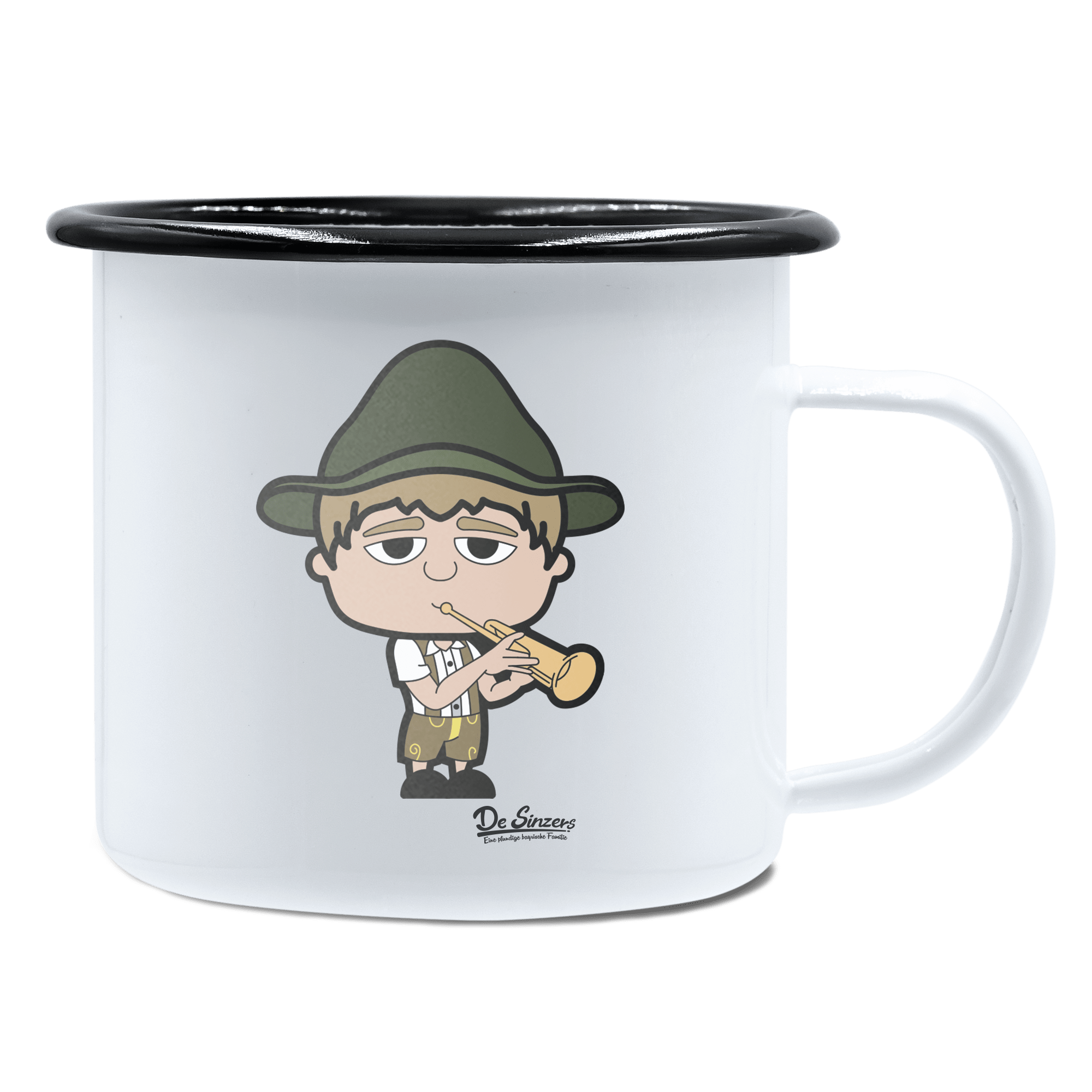 Da Jung Sinzer Musikinstrumente Emaille Tasse 450ml Weiss Schwarz Spitzstein Front