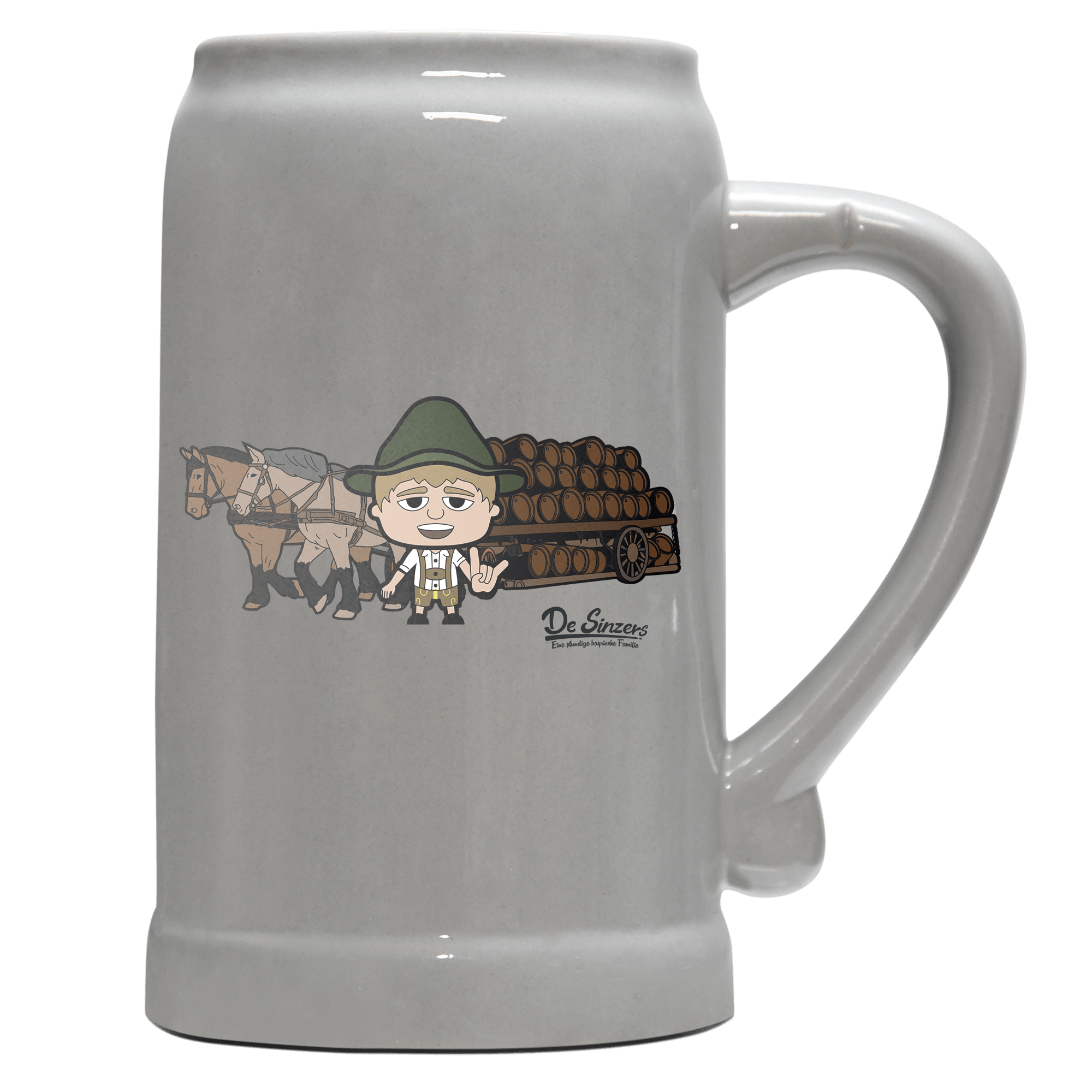Da Jung Sinzer Pferdegespann Bierkrug 1000ml Grau Zugspitze Front
