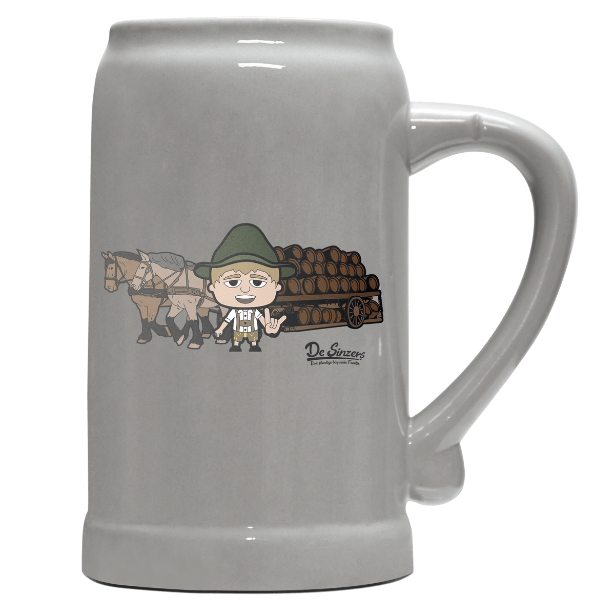 Da Jung Sinzer Pferdegespann Bierkrug 1000ml Grau Zugspitze Front
